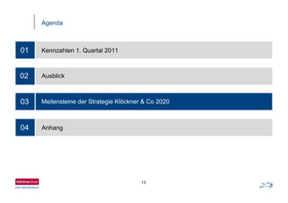 13
Agenda
03
01 Kennzahlen 1. Quartal 2011
02 Ausblick
Meilensteine der Strategie Klöckner & Co 2020
04 Anhang
 