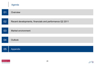 29
Agenda
02 Recent developments, financials and performance Q2 2011
03 Market environment
04 Outlook
05 Appendix
01 Overview
 
