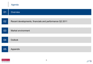 3
Agenda
02 Recent developments, financials and performance Q2 2011
03 Market environment
04 Outlook
05 Appendix
01 Overview
 