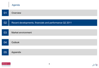 6
Agenda
02 Recent developments, financials and performance Q2 2011
03 Market environment
04 Outlook
05 Appendix
01 Overview
 