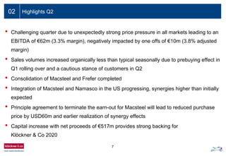7
02 Highlights Q2
• Challenging quarter due to unexpectedly strong price pressure in all markets leading to an
EBITDA of €62m (3.3% margin), negatively impacted by one offs of €10m (3.8% adjusted
margin)
• Sales volumes increased organically less than typical seasonally due to prebuying effect in
Q1 rolling over and a cautious stance of customers in Q2
• Consolidation of Macsteel and Frefer completed
• Integration of Macsteel and Namasco in the US progressing, synergies higher than initially
expected
• Principle agreement to terminate the earn-out for Macsteel will lead to reduced purchase
price by USD60m and earlier realization of synergy effects
• Capital increase with net proceeds of €517m provides strong backing for
Klöckner & Co 2020
 