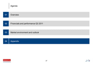 27
Overview01
Financials and performance Q3 2011
Market environment and outlook
02
03
Agenda
Appendix04
 