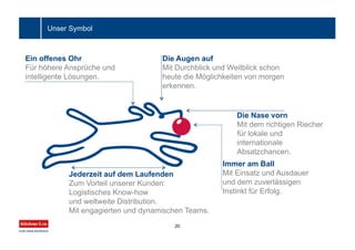 Ein offenes Ohr
Für höhere Ansprüche und
intelligente Lösungen.
Die Augen auf
Mit Durchblick und Weitblick schon
heute die Möglichkeiten von morgen
erkennen.
Die Nase vorn
Mit dem richtigen Riecher
für lokale und
internationale
Absatzchancen.
Immer am Ball
Mit Einsatz und Ausdauer
und dem zuverlässigen
Instinkt für Erfolg.
Jederzeit auf dem Laufenden
Zum Vorteil unserer Kunden:
Logistisches Know-how
und weltweite Distribution.
Mit engagierten und dynamischen Teams.
Unser Symbol
20
 