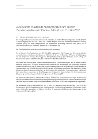 18Klöckner & Co SE Konzern-Zwischenabschluss Q1 2012
Ausgewählte erläuternde Anhangangaben zum Konzern-
Zwischenabschluss der Klöckner&Co SE zum 31. März 2012
(1) GRUNDSÄTZE DER BERICHTERSTATTUNG
Der vorliegende Konzern-Zwischenabschluss zum 31. März 2012 der Klöckner&Co SE wird gemäß §37 x Abs. 3 WpHG
in Verbindung mit §37 w Abs. 2 Nr. 1 und 2, Abs. 3 und Abs. 4 WpHG sowie nach den International Financial Reporting
Standards (IFRS) und deren Interpretationen des International Accounting Standards Board (IASB) für die
Zwischenberichterstattung aufgestellt, wie sie in der EU anzuwenden sind.
Der Zwischenabschluss wurde keiner prüferischen Durchsicht unterzogen.
Die im Konzern-Zwischenabschluss zum 31. März 2012 angewandten Bilanzierungs- und Bewertungsmethoden
entsprechen denen des Konzernabschlusses der Klöckner& Co SE zum 31. Dezember 2011 unter Berücksichtigung
des IAS 34 (Interim Financial Reporting). Eine detaillierte Beschreibung dieser Methoden ist im Anhang zum
Konzernabschluss des Geschäftsberichts 2011 auf den Seiten 78 bis 87 veröffentlicht.
Im Rahmen der Erstellung eines Konzern-Zwischenabschlusses in Übereinstimmung mit IAS 34 „Interim Financial
Reporting“ zum 31. März 2012 muss der Vorstand der Klöckner&Co SE Beurteilungen und Schätzungen vornehmen
sowie Annahmen treffen, die die Anwendung von Rechnungslegungsgrundsätzen im Konzern und den Ausweis der
Vermögenswerte und Verbindlichkeiten sowie der Erträge und Aufwendungen beeinflussen. Die tatsächlichen Beträge
können von diesen Schätzungen abweichen. Bei der Erstellung des vorliegenden Zwischenabschlusses ergaben sich
keine wesentlichen Änderungen der Einschätzungen des Vorstands im Zusammenhang mit der Anwendung von
Bilanzierungs- und Bewertungsmethoden im Vergleich zum 31. Dezember 2011.
Der Konzern-Zwischenabschluss enthält nach Ansicht des Vorstands alle erforderlichen Anpassungen, die für eine den
tatsächlichen Verhältnissen entsprechende Darstellung der Ertragslage notwendig sind. Die Ergebnisse der Berichtsperiode,
die zum 31. März 2012 endete, lassen nicht notwendigerweise Rückschlüsse auf die Entwicklung zukünftiger Ergebnisse zu.
Der vorliegende Konzern-Zwischenabschluss zum 31. März 2012 wurde durch den Vorstand am 9. Mai 2012 nach
Erörterung mit dem Prüfungsausschuss des Aufsichtsrats zur Veröffentlichung freigegeben. Alle Beträge werden,
sofern nicht anders angegeben, in Millionen Euro (Mio. €) ausgewiesen. Es können sich Abweichungen zu den
ungerundeten Beträgen ergeben.
 