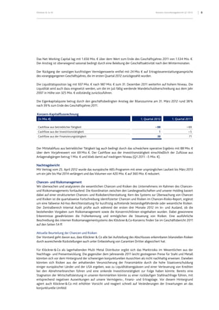 8Klöckner & Co SE Konzern-Zwischenlagebericht Q1 2012
Das Net Working Capital lag mit 1.656 Mio. € über dem Wert zum Ende des Geschäftsjahres 2011 von 1.534 Mio. €.
Der Anstieg ist überwiegend saisonal bedingt durch eine Belebung der Geschäftsaktivität nach den Wintermonaten.
Der Rückgang der sonstigen kurzfristigen Vermögenswerte entfiel mit 24 Mio. € auf Ertragsteuererstattungsansprüche
des vorangegangenen Geschäftsjahres, die im ersten Quartal 2012 zurückgezahlt wurden.
Die Liquiditätsposition lag mit 937 Mio. € nach 987 Mio. € zum 31. Dezember 2011 weiterhin auf hohem Niveau. Die
Liquidität wird auch dazu eingesetzt werden, um die im Juli fällig werdende Wandelschuldverschreibung aus dem Jahr
2007 in Höhe von 325 Mio. € vollständig zurückzuführen.
Die Eigenkapitalquote betrug durch den geschäftsbedingten Anstieg der Bilanzsumme am 31. März 2012 rund 38%
nach 39% zum Ende des Geschäftsjahres 2011.
Konzern-Kapitalflussrechnung
(in Mio. €) 1. Quartal 2012 1. Quartal 2011
Cashflow aus betrieblicher Tätigkeit – 88 – 69
Cashflow aus der Investitionstätigkeit 1 – 5
Cashflow aus der Finanzierungstätigkeit 38 71
Der Mittelabfluss aus betrieblicher Tätigkeit lag auch bedingt durch das schwächere operative Ergebnis mit 88 Mio. €
über dem Vorjahreswert von 69 Mio. €. Der Cashflow aus der Investitionstätigkeit einschließlich der Zuflüsse aus
Anlagenabgängen betrug 1 Mio. € und blieb damit auf niedrigem Niveau (Q1 2011: –5 Mio. €).
Nachtragsbericht
Mit Vertrag vom 25. April 2012 wurde das europäische ABS-Programm mit einer ursprünglichen Laufzeit bis März 2013
um ein Jahr bis Mai 2014 verlängert und das Volumen von 420 Mio. € auf 360 Mio. € reduziert.
Chancen- und Risikomanagement
Wir überwachen und analysieren die wesentlichen Chancen und Risiken des Unternehmens im Rahmen des Chancen-
und Risikomanagements fortlaufend. Die Koordination zwischen den Landesgesellschaften und unserer Holding basiert
dabei auf einer strukturierten Chancen- und Risikoberichterstattung. Kern des Systems zur Überwachung von Chancen
und Risiken ist die quartalsweise Fortschreibung identifizierter Chancen und Risiken im Chancen-Risiko-Report, ergänzt
um eine fallweise Ad-hoc-Berichterstattung für kurzfristig auftretende bestandsgefährdende oder wesentliche Risiken.
Der Zentralbereich Internal Audit prüfte auch während der ersten drei Monate 2012 im In- und Ausland, ob die
bestehenden Vorgaben zum Risikomanagement sowie die Konzernrichtlinien eingehalten wurden. Dabei gewonnene
Erkenntnisse gewährleisten die Früherkennung und ermöglichen die Steuerung von Risiken. Eine ausführliche
Beschreibung des internen Risikomanagementsystems des Klöckner&Co-Konzerns finden Sie im Geschäftsbericht 2011
auf den Seiten 54 ff.
Aktuelle Beurteilung der Chancen und Risiken
Der Vorstand geht davon aus, dass Klöckner & Co alle bei Aufstellung des Abschlusses erkennbaren bilanziellen Risiken
durch ausreichende Rückstellungen auch unter Einbeziehung von Garantien Dritter abgesichert hat.
Für Klöckner&Co als lagerhaltenden Multi Metal Distributor ergibt sich das Marktrisiko im Wesentlichen aus der
Nachfrage- und Preisentwicklung. Die gegenüber dem Jahresende 2011 leicht gestiegenen Preise für Stahl und Metall
könnten sich vor dem Hintergrund der schwierigen konjunkturellen Aussichten als nicht nachhaltig erweisen. Daneben
könnten sich Risiken aus der anhaltenden Verunsicherung der Finanzmärkte durch die hohe Staatsverschuldung
einiger europäischer Länder und der USA ergeben, was zu Liquiditätsengpässen und einer Verteuerung von Krediten
bei den Abnehmerbranchen führen und eine sinkende Investitionstätigkeit zur Folge haben könnte. Bereits eine
Stagnation der Wirtschaftsleistung in unseren Kernmärkten könnte zu einer rückläufigen Stahlnachfrage führen, mit
entsprechend negativen Auswirkungen auf unsere Vermögens-, Finanz- und Ertragslage. Vor diesem Hintergrund
agiert auch Klöckner&Co mit erhöhter Vorsicht und reagiert schnell auf Veränderungen der Erwartungen an das
konjunkturelle Umfeld.
 