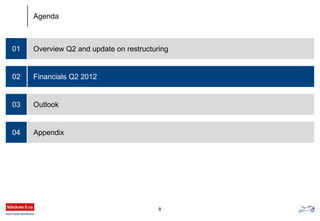 Overview Q2 and update on restructuring01
Financials Q2 2012
Outlook
Appendix
02
03
04
Agenda
8
 