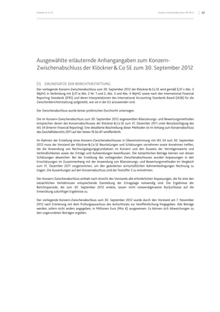 Klöckner & Co SE Konzern-Zwischenabschluss 9M 2012 22
Ausgewählte erläuternde Anhangangaben zum Konzern-
Zwischenabschluss der Klöckner&Co SE zum 30. September 2012
(1) GRUNDSÄTZE DER BERICHTERSTATTUNG
Der vorliegende Konzern-Zwischenabschluss zum 30. September 2012 der Klöckner&Co SE wird gemäß §37 x Abs. 3
WpHG in Verbindung mit §37 w Abs. 2 Nr. 1 und 2, Abs. 3 und Abs. 4 WpHG sowie nach den International Financial
Reporting Standards (IFRS) und deren Interpretationen des International Accounting Standards Board (IASB) für die
Zwischenberichterstattung aufgestellt, wie sie in der EU anzuwenden sind.
Der Zwischenabschluss wurde keiner prüferischen Durchsicht unterzogen.
Die im Konzern-Zwischenabschluss zum 30. September 2012 angewandten Bilanzierungs- und Bewertungsmethoden
entsprechen denen des Konzernabschlusses der Klöckner&Co SE zum 31. Dezember 2011 unter Berücksichtigung des
IAS 34 (Interim Financial Reporting). Eine detaillierte Beschreibung dieser Methoden ist im Anhang zum Konzernabschluss
des Geschäftsberichts 2011 auf den Seiten 76 bis 87 veröffentlicht.
Im Rahmen der Erstellung eines Konzern-Zwischenabschlusses in Übereinstimmung mit IAS 34 zum 30. September
2012 muss der Vorstand der Klöckner&Co SE Beurteilungen und Schätzungen vornehmen sowie Annahmen treffen,
die die Anwendung von Rechnungslegungsgrundsätzen im Konzern und den Ausweis der Vermögenswerte und
Verbindlichkeiten sowie der Erträge und Aufwendungen beeinflussen. Die tatsächlichen Beträge können von diesen
Schätzungen abweichen. Bei der Erstellung des vorliegenden Zwischenabschlusses wurden Anpassungen in den
Einschätzungen im Zusammenhang mit der Anwendung von Bilanzierungs- und Bewertungsmethoden im Vergleich
zum 31. Dezember 2011 vorgenommen, um den geänderten wirtschaftlichen Rahmenbedingungen Rechnung zu
tragen. Die Auswirkungen auf den Konzernabschluss sind der Textziffer 2 zu entnehmen.
Der Konzern-Zwischenabschluss enthält nach Ansicht des Vorstands alle erforderlichen Anpassungen, die für eine den
tatsächlichen Verhältnissen entsprechende Darstellung der Ertragslage notwendig sind. Die Ergebnisse der
Berichtsperiode, die zum 30. September 2012 endete, lassen nicht notwendigerweise Rückschlüsse auf die
Entwicklung zukünftiger Ergebnisse zu.
Der vorliegende Konzern-Zwischenabschluss zum 30. September 2012 wurde durch den Vorstand am 7. November
2012 nach Erörterung mit dem Prüfungsausschuss des Aufsichtsrats zur Veröffentlichung freigegeben. Alle Beträge
werden, sofern nicht anders angegeben, in Millionen Euro (Mio. €) ausgewiesen. Es können sich Abweichungen zu
den ungerundeten Beträgen ergeben.
 