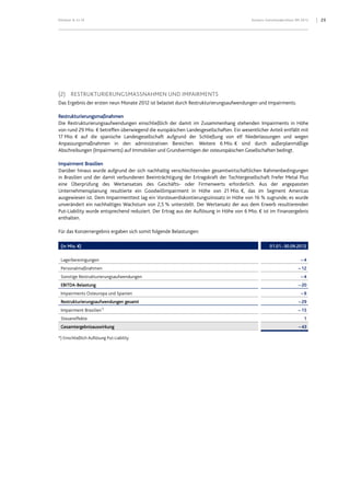 Klöckner & Co SE Konzern-Zwischenabschluss 9M 2012 23
(2) RESTRUKTURIERUNGSMASSNAHMEN UND IMPAIRMENTS
Das Ergebnis der ersten neun Monate 2012 ist belastet durch Restrukturierungsaufwendungen und Impairments.
Restrukturierungsmaßnahmen
Die Restrukturierungsaufwendungen einschließlich der damit im Zusammenhang stehenden Impairments in Höhe
von rund 29 Mio. € betreffen überwiegend die europäischen Landesgesellschaften. Ein wesentlicher Anteil entfällt mit
17 Mio. € auf die spanische Landesgesellschaft aufgrund der Schließung von elf Niederlassungen und wegen
Anpassungsmaßnahmen in den administrativen Bereichen. Weitere 6 Mio. € sind durch außerplanmäßige
Abschreibungen (Impairments) auf Immobilien und Grundvermögen der osteuropäischen Gesellschaften bedingt.
Impairment Brasilien
Darüber hinaus wurde aufgrund der sich nachhaltig verschlechternden gesamtwirtschaftlichen Rahmenbedingungen
in Brasilien und der damit verbundenen Beeinträchtigung der Ertragskraft der Tochtergesellschaft Frefer Metal Plus
eine Überprüfung des Wertansatzes des Geschäfts- oder Firmenwerts erforderlich. Aus der angepassten
Unternehmensplanung resultierte ein Goodwillimpairment in Höhe von 21 Mio. €, das im Segment Americas
ausgewiesen ist. Dem Impairmenttest lag ein Vorsteuerdiskontierungszinssatz in Höhe von 16 % zugrunde; es wurde
unverändert ein nachhaltiges Wachstum von 2,5 % unterstellt. Der Wertansatz der aus dem Erwerb resultierenden
Put-Liability wurde entsprechend reduziert. Der Ertrag aus der Auflösung in Höhe von 6 Mio. € ist im Finanzergebnis
enthalten.
Für das Konzernergebnis ergaben sich somit folgende Belastungen:
(in Mio. €) 01.01.-30.09.2012
Lagerbereinigungen – 4
Personalmaßnahmen – 12
Sonstige Restrukturierungsaufwendungen – 4
EBITDA-Belastung –20
Impairments Osteuropa und Spanien – 9
Restrukturierungsaufwendungen gesamt –29
Impairment Brasilien*)
– 15
Steuereffekte 1
Gesamtergebnisauswirkung –43
*) Einschließlich Auflösung Put-Liability
 
