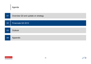 Overview Q3 and update on strategy01
Financials Q3 2012
Outlook
Appendix
02
03
04
Agenda
10
 