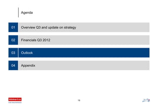 Overview Q3 and update on strategy01
Financials Q3 2012
Outlook
Appendix
02
03
04
Agenda
19
 