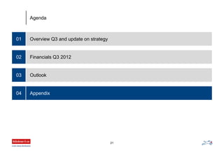 Overview Q3 and update on strategy01
Financials Q3 2012
Outlook
Appendix
02
03
04
Agenda
21
 
