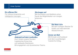 Unser Symbol
Ein offenes Ohr
Für höhere Ansprüche und
intelligente Lösungen.
Die Augen auf
Mit Durchblick und Weitblick schon
heute die Möglichkeiten von morgen
erkennen.
Die Nase vorn
Mit dem richtigen Riecher für
lokale und internationale
Absatzchancen.
Immer am Ball
Mit Einsatz und Ausdauer
und dem zuverlässigen
Instinkt für Erfolg.
Jederzeit auf dem Laufenden
Zum Vorteil unserer Kunden:
Logistisches Know-how
und weltweite Distribution.
Mit engagierten und dynamischen Teams.
 