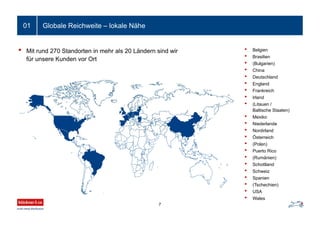 Globale Reichweite – lokale Nähe
7
01
• Belgien
• Brasilien
• (Bulgarien)
• China
• Deutschland
• England
• Frankreich
• Irland
• (Litauen /
Baltische Staaten)
• Mexiko
• Niederlande
• Nordirland
• Österreich
• (Polen)
• Puerto Rico
• (Rumänien)
• Schottland
• Schweiz
• Spanien
• (Tschechien)
• USA
• Wales
• Mit rund 270 Standorten in mehr als 20 Ländern sind wir
für unsere Kunden vor Ort
 