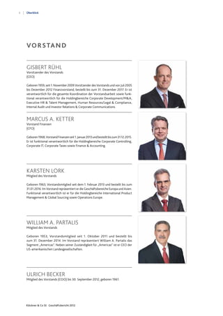 6
Klöckner & Co SE Geschäftsbericht 2012
Überblick
Karsten Lork
Mitglied des Vorstands
Geboren 1963, Vorstandsmitglied seit dem 1. Februar 2013 und bestellt bis zum
31.01.2016. Im Vorstand repräsentiert er die Geschäftsbereiche Europa und Asien.
Funktional verantwortlich ist er für die Holdingbereiche International Product
Management & Global Sourcing sowie Operations Europe.
William A. Partalis
Mitglied des Vorstands
Geboren 1953, Vorstandsmitglied seit 1. Oktober 2011 und bestellt bis
zum 31. Dezember 2014. Im Vorstand repräsentiert William A. Partalis das
Segment „Americas“. Neben seiner Zuständigkeit für „Americas“ ist er CEO der
US-amerikanischen Landesgesellschaften.
ULRICH BECKER
Mitglied des Vorstands (COO) bis 30. September 2012, geboren 1961.
GISBERT RÜHL
Vorsitzender des Vorstands
(CEO)
Geboren 1959, seit 1. November 2009 Vorsitzender des Vorstands und von Juli 2005
bis Dezember 2012 Finanzvorstand, bestellt bis zum 31. Dezember 2017. Er ist
verantwortlich für die gesamte Koordination der Vorstandsarbeit sowie funk-
tional verantwortlich für die Holdingbereiche Corporate Development/M&A,
Executive HR & Talent Management, Human Resources/Legal & Compliance,
Internal Audit und Investor Relations & Corporate Communications.
Vorstand
Marcus A. Ketter
Vorstand Finanzen
(CFO)
Geboren1968,VorstandFinanzenseit1.Januar2013undbestelltbiszum31.12.2015.
Er ist funktional verantwortlich für die Holdingbereiche Corporate Controlling,
Corporate IT, Corporate Taxes sowie Finance & Accounting.
 