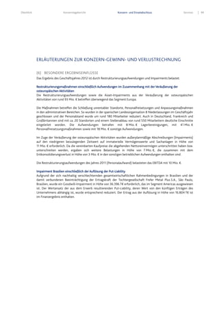 Überblick Konzernlagebericht Konzern- und Einzelabschluss Services 99
ERLÄUTERUNGEN ZUR KONZERN-GEWINN- UND VERLUSTRECHNUNG
(6) BESONDERE ERGEBNISEINFLÜSSE
Das Ergebnis des Geschäftsjahres 2012 ist durch Restrukturierungsaufwendungen und Impairments belastet.
Restrukturierungsmaßnahmen einschließlich Aufwendungen im Zusammenhang mit der Veräußerung der
osteuropäischen Aktivitäten
Die Restrukturierungsaufwendungen sowie die Asset-Impairments aus der Veräußerung der osteuropäischen
Aktivitäten von rund 93 Mio. € betreffen überwiegend das Segment Europa.
Die Maßnahmen betreffen die Schließung unrentabler Standorte, Personalfreisetzungen und Anpassungsmaßnahmen
in den administrativen Bereichen. So wurden in der spanischen Landesorganisation 8 Niederlassungen im Geschäftsjahr
geschlossen und der Personalstand wurde um rund 180 Mitarbeiter reduziert. Auch in Deutschland, Frankreich und
Großbritannien sind mit ca. 20 Standorten und einem Stellenabbau von rund 550 Mitarbeitern deutliche Einschnitte
eingeleitet worden. Die Aufwendungen betrafen mit 8 Mio. € Lagerbereinigungen, mit 41 Mio. €
Personalfreisetzungsmaßnahmen sowie mit 18 Mio. € sonstige Aufwendungen.
Im Zuge der Veräußerung der osteuropäischen Aktivitäten wurden außerplanmäßige Abschreibungen (Impairments)
auf den niedrigeren beizulegenden Zeitwert auf immaterielle Vermögenswerte und Sachanlagen in Höhe von
11 Mio. € erforderlich. Da die vereinbarten Kaufpreise die abgehenden Nettoreinvermögen unterschritten haben bzw.
unterschreiten werden, ergaben sich weitere Belastungen in Höhe von 7 Mio. €, die zusammen mit dem
Entkonsolidierungsverlust in Höhe von 3 Mio. € in den sonstigen betrieblichen Aufwendungen enthalten sind.
Die Restrukturierungsaufwendungen des Jahres 2011 (Personalaufwand) belasteten das EBITDA mit 10 Mio. €.
Impairment Brasilien einschließlich der Auflösung der Put-Liability
Aufgrund der sich nachhaltig verschlechternden gesamtwirtschaftlichen Rahmenbedingungen in Brasilien und der
damit verbundenen Beeinträchtigung der Ertragskraft der Tochtergesellschaft Frefer Metal Plus S.A., São Paulo,
Brasilien, wurde ein Goodwill-Impairment in Höhe von 36.396 T€ erforderlich, das im Segment Americas ausgewiesen
ist. Der Wertansatz der aus dem Erwerb resultierenden Put-Liability, deren Wert von den künftigen Erträgen des
Unternehmens abhängig ist, wurde entsprechend reduziert. Der Ertrag aus der Auflösung in Höhe von 16.804 T€ ist
im Finanzergebnis enthalten.
 