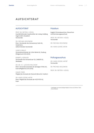 7Konzernlagebericht Konzern- und Einzelabschluss ServicesÜberblick
Aufsichtsrat
Prof. Dr. Dieter H. Vogel
Geschäftsführender Gesellschafter der Lindsay Goldberg
Vogel GmbH, Düsseldorf,
Vorsitzender
Dr. Michael Rogowski
Ehem. Vorsitzender des Vorstands der Voith AG,
Heidenheim,
stellvertretender Vorsitzender
Ulrich Grillo
Vorstandsvorsitzender der Grillo-Werke AG, Duisburg
(Mitglied seit 25.05.2012)
Robert J. Koehler
Vorsitzender des Vorstands der SGL CARBON SE,
Wiesbaden
Dr. Dr. h.c. Jochen Melchior
Ehem. Vorstandsvorsitzender der damaligen STEAG AG,
Essen (Mitglied bis 25.05.2012)
Hauke Stars
Mitglied des Vorstands der Deutsche Börse AG, Frankfurt
Dr. Hans-Georg Vater
Ehem. Mitglied des Vorstands der HOCHTIEF AG,
Essen
Präsidium
(zugleich Personalausschuss, Eilausschuss
und Nominierungsausschuss)
Prof. Dr. Dieter H. Vogel
Vorsitzender
Dr. Michael Rogowski
Dr. Hans-Georg Vater
Prüfungsausschuss
Dr. Hans-Georg Vater1
Vorsitzender
Dr. Michael Rogowski
Prof. Dr. Dieter H. VogeL
Aufsichtsrat
1
Unabhängiges und sachverständiges Mitglied im Sinne von § 100 Abs. 5 AktG
(Financial Expert).
 