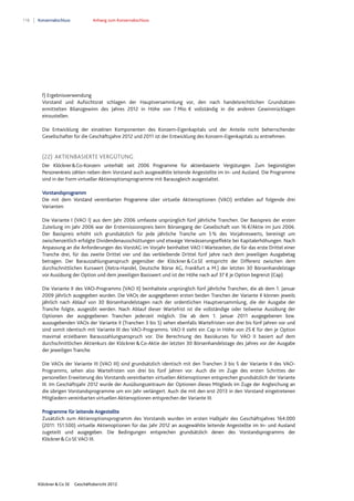 118 Konzernabschluss Anhang zum Konzernabschluss
Klöckner & Co SE Geschäftsbericht 2012
f) Ergebnisverwendung
Vorstand und Aufsichtsrat schlagen der Hauptversammlung vor, den nach handelsrechtlichen Grundsätzen
ermittelten Bilanzgewinn des Jahres 2012 in Höhe von 7 Mio. € vollständig in die anderen Gewinnrücklagen
einzustellen.
Die Entwicklung der einzelnen Komponenten des Konzern-Eigenkapitals und der Anteile nicht beherrschender
Gesellschafter für die Geschäftsjahre 2012 und 2011 ist der Entwicklung des Konzern-Eigenkapitals zu entnehmen.
(22) AKTIENBASIERTE VERGÜTUNG
Der Klöckner&Co-Konzern unterhält seit 2006 Programme für aktienbasierte Vergütungen. Zum begünstigten
Personenkreis zählen neben dem Vorstand auch ausgewählte leitende Angestellte im In- und Ausland. Die Programme
sind in der Form virtueller Aktienoptionsprogramme mit Barausgleich ausgestaltet.
Vorstandsprogramm
Die mit dem Vorstand vereinbarten Programme über virtuelle Aktienoptionen (VAO) entfallen auf folgende drei
Varianten:
Die Variante I (VAO I) aus dem Jahr 2006 umfasste ursprünglich fünf jährliche Tranchen. Der Basispreis der ersten
Zuteilung im Jahr 2006 war der Erstemissionspreis beim Börsengang der Gesellschaft von 16 €/Aktie im Juni 2006.
Der Basispreis erhöht sich grundsätzlich für jede jährliche Tranche um 5% des Vorjahreswerts, bereinigt um
zwischenzeitlich erfolgte Dividendenausschüttungen und etwaige Verwässerungseffekte bei Kapitalerhöhungen. Nach
Anpassung an die Anforderungen des VorstAG im Vorjahr beinhaltet VAO I Wartezeiten, die für das erste Drittel einer
Tranche drei, für das zweite Drittel vier und das verbleibende Drittel fünf Jahre nach dem jeweiligen Ausgabetag
betragen. Der Barauszahlungsanspruch gegenüber der Klöckner&CoSE entspricht der Differenz zwischen dem
durchschnittlichen Kurswert (Xetra-Handel, Deutsche Börse AG, Frankfurt a. M.) der letzten 30 Börsenhandelstage
vor Ausübung der Option und dem jeweiligen Basiswert und ist der Höhe nach auf 37 € je Option begrenzt (Cap).
Die Variante II des VAO-Programms (VAO II) beinhaltete ursprünglich fünf jährliche Tranchen, die ab dem 1. Januar
2009 jährlich ausgegeben wurden. Die VAOs der ausgegebenen ersten beiden Tranchen der Variante II können jeweils
jährlich nach Ablauf von 30 Börsenhandelstagen nach der ordentlichen Hauptversammlung, die der Ausgabe der
Tranche folgte, ausgeübt werden. Nach Ablauf dieser Wartefrist ist die vollständige oder teilweise Ausübung der
Optionen der ausgegebenen Tranchen jederzeit möglich. Die ab dem 1. Januar 2011 ausgegebenen bzw.
auszugebenden VAOs der Variante II (Tranchen 3 bis 5) sehen ebenfalls Wartefristen von drei bis fünf Jahren vor und
sind somit identisch mit Variante III des VAO-Programms. VAO II sieht ein Cap in Höhe von 25 € für den je Option
maximal erzielbaren Barauszahlungsanspruch vor. Die Berechnung des Basiskurses für VAO II basiert auf dem
durchschnittlichen Aktienkurs der Klöckner&Co-Aktie der letzten 30 Börsenhandelstage des Jahres vor der Ausgabe
der jeweiligen Tranche.
Die VAOs der Variante III (VAO III) sind grundsätzlich identisch mit den Tranchen 3 bis 5 der Variante II des VAO-
Programms, sehen also Wartefristen von drei bis fünf Jahren vor. Auch die im Zuge des ersten Schrittes der
personellen Erweiterung des Vorstands vereinbarten virtuellen Aktienoptionen entsprechen grundsätzlich der Variante
III. Im Geschäftsjahr 2012 wurde der Ausübungszeitraum der Optionen dieses Mitglieds im Zuge der Angleichung an
die übrigen Vorstandsprogramme um ein Jahr verlängert. Auch die mit den erst 2013 in den Vorstand eingetretenen
Mitgliedern vereinbarten virtuellen Aktienoptionen entsprechen der Variante III.
Programme für leitende Angestellte
Zusätzlich zum Aktienoptionsprogramm des Vorstands wurden im ersten Halbjahr des Geschäftsjahres 164.000
(2011: 151.500) virtuelle Aktienoptionen für das Jahr 2012 an ausgewählte leitende Angestellte im In- und Ausland
zugeteilt und ausgegeben. Die Bedingungen entsprechen grundsätzlich denen des Vorstandsprogramms der
Klöckner&CoSE VAO III.
 