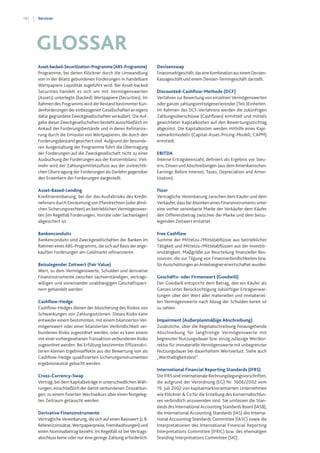 182 Services
Asset-backed-Securitization-Programme (ABS-Programme)
Programme, bei denen Klöckner durch die Umwandlung
von in der Bilanz gebundenen Forderungen in handelbare
Wertpapiere Liquidität zugeführt wird. Bei Asset-backed
Securities handelt es sich um mit Vermögenswerten
(Assets) unterlegte (backed) Wertpapiere (Securities). Im
Rahmen des Programms wird der Bestand bestimmter Kun-
denforderungen der einbezogenen Gesellschaften an eigens
dafür gegründete Zweckgesellschaften veräußert. Die Auf-
gabe dieser Zweckgesellschaften besteht ausschließlich im
Ankauf der Forderungsbestände und in deren Refinanzie-
rung durch die Emission von Wertpapieren, die durch den
Forderungsbestand gesichert sind. Aufgrund der besonde-
ren Ausgestaltung der Programme führt die Übertragung
der Forderungen auf die Zweckgesellschaft nicht zu einer
Ausbuchung der Forderungen aus der Konzernbilanz. Viel-
mehr wird der Zahlungsmittelzufluss aus der zivilrechtli-
chen Übertragung der Forderungen als Darlehn gegenüber
den Erwerbern der Forderungen dargestellt.
Asset-Based-Lending
Kreditvereinbarung, bei der das Ausfallrisiko des Kredit-
nehmers durch Einräumung von Pfandrechten (oder ähnli-
chen Sicherungsrechten) an betrieblichen Vermögenswer-
ten (im Regelfall Forderungen, Vorräte oder Sachanlagen)
abgesichert ist.
Bankenconduits
Bankenconduits sind Zweckgesellschaften der Banken im
Rahmen eines ABS-Programms, die sich auf Basis der ange-
kauften Forderungen am Geldmarkt refinanzieren.
Beizulegender Zeitwert (Fair Value)
Wert, zu dem Vermögenswerte, Schulden und derivative
Finanzinstrumente zwischen sachverständigen, vertrags-
willigen und voneinander unabhängigen Geschäftspart-
nern gehandelt werden.
Cashflow-Hedge
Cashflow-Hedges dienen der Absicherung des Risikos von
Schwankungen von Zahlungsströmen. Dieses Risiko kann
entweder einem bestimmten, mit einem bilanzierten Ver-
mögenswert oder einer bilanzierten Verbindlichkeit ver-
bundenen Risiko zugeordnet werden, oder es kann einem
mit einer vorhergesehenen Transaktion verbundenen Risiko
zugeordnet werden. Bei Erfüllung bestimmter Effizienzkri-
terien können Ergebniseffekte aus der Bewertung von als
Cashflow-Hedge qualifizierten Sicherungsinstrumenten
ergebnisneutral gebucht werden.
Cross-Currency-Swap
Vertrag, bei dem Kapitalbeträge in unterschiedlichen Wäh-
rungen, einschließlich der damit verbundenen Zinszahlun-
gen, zu einem fixierten Wechselkurs über einen festgeleg-
ten Zeitraum getauscht werden.
Derivative Finanzinstrumente
Vertragliche Vereinbarung, die sich auf einen Basiswert (z.B.
Referenzzinssätze, Wertpapierpreise, Fremdwährungen) und
einen Nominalbetrag bezieht. Im Regelfall ist bei Vertrags-
abschluss keine oder nur eine geringe Zahlung erforderlich.
Devisenswap
Finanzmarktgeschäft,daseineKombinationauseinemDevisen-
Kassageschäft und einem Devisen-Termingeschäft darstellt.
Discounted-Cashflow-Methode (DCF)
Verfahren zur Bewertung von einzelnen Vermögenswerten
oder ganzer zahlungsmittelgenerierender (Teil-)Einheiten.
Im Rahmen des DCF-Verfahrens werden die zukünftigen
Zahlungsüberschüsse (Cashflows) ermittelt und mittels
gewichteter Kapitalkosten auf den Bewertungsstichtag
abgezinst. Die Kapitalkosten werden mithilfe eines Kapi-
talmarktmodells (Capital-Asset-Pricing-Modell, CAPM)
ermittelt.
EBITDA
Interne Ertragskennzahl, definiert als Ergebnis vor Steu-
ern, Zinsen und Abschreibungen (aus dem Amerikanischen:
Earnings Before Interest, Taxes, Depreciation and Amor-
tization).
Floor
Vertragliche Vereinbarung zwischen dem Käufer und dem
Verkäufer, dass bei Absinken eines Finanzinstruments unter
eine vorher vereinbarte Marke der Verkäufer dem Käufer
den Differenzbetrag zwischen der Marke und dem beizu-
legenden Zeitwert erstattet.
Free Cashflow
Summe der Mittelzu-/Mittelabflüsse aus betrieblicher
Tätigkeit und Mittelzu-/Mittelabflüssen aus der Investiti-
onstätigkeit. Maßgröße zur Beurteilung finanzieller Res-
sourcen, die zur Tilgung von Finanzverbindlichkeiten bzw.
für Ausschüttungen an Anteilseigner erwirtschaftet wurden.
Geschäfts- oder Firmenwert (Goodwill)
Der Goodwill entspricht dem Betrag, den ein Käufer als
Ganzes unter Berücksichtigung zukünftiger Ertragserwar-
tungen über den Wert aller materiellen und immateriel-
len Vermögenswerte nach Abzug der Schulden bereit ist
zu zahlen.
Impairment (Außerplanmäßige Abschreibung)
Zusätzliche, über die Regelabschreibung hinausgehende
Abschreibung für langfristige Vermögenswerte mit
begrenzter Nutzungsdauer bzw. einzig zulässige Wertkor-
rektur für immaterielle Vermögenswerte mit unbegrenzter
Nutzungsdauer bei dauerhaftem Wertverlust. Siehe auch
„Werthaltigkeitstest“.
International Financial Reporting Standards (IFRS)
Die IFRS sind internationale Rechnungslegungsvorschriften,
die aufgrund der Verordnung (EG) Nr. 1606/2002 vom
19. Juli 2002 von kapitalmarktorientierten Unternehmen
wie Klöckner & Co für die Erstellung des Konzernabschlus-
ses verbindlich anzuwenden sind. Sie umfassen die Stan-
dards des International Accounting Standards Board (IASB),
die International Accounting Standards (IAS) des Interna-
tional Accounting Standards Committee (IASC) sowie die
Interpretationen des International Financial Reporting
Interpretations Committee (IFRIC) bzw. des ehemaligen
Standing Interpretations Committee (SIC).
GLOSSAR
 