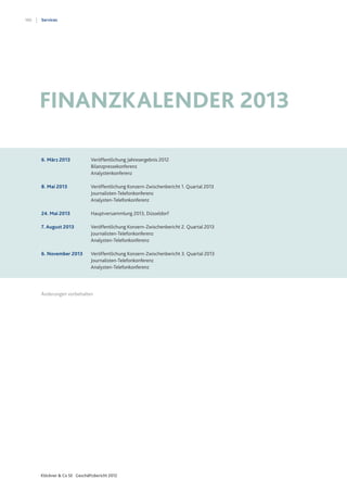 186
Klöckner & Co SE Geschäftsbericht 2012
Services
6. März 2013	 Veröffentlichung Jahresergebnis 2012
	Bilanzpressekonferenz
	Analystenkonferenz
8. Mai 2013	 Veröffentlichung Konzern-Zwischenbericht 1. Quartal 2013
	Journalisten-Telefonkonferenz
	Analysten-Telefonkonferenz
24. Mai 2013	 Hauptversammlung 2013, Düsseldorf
7. August 2013	 Veröffentlichung Konzern-Zwischenbericht 2. Quartal 2013
	Journalisten-Telefonkonferenz
	Analysten-Telefonkonferenz
6. November 2013	 Veröffentlichung Konzern-Zwischenbericht 3. Quartal 2013
	Journalisten-Telefonkonferenz
	Analysten-Telefonkonferenz
Änderungen vorbehalten
Finanzkalender 2013
 