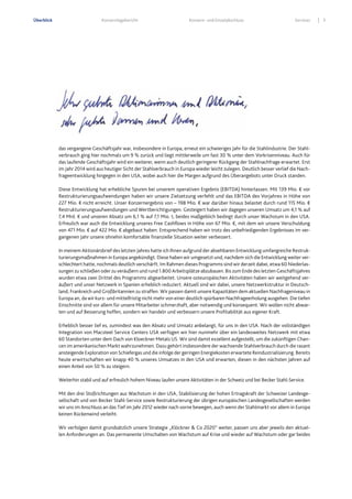 3Konzernlagebericht Konzern- und Einzelabschluss ServicesÜberblick
das vergangene Geschäftsjahr war, insbesondere in Europa, erneut ein schwieriges Jahr für die Stahlindustrie. Der Stahl-
verbrauch ging hier nochmals um 9 % zurück und liegt mittlerweile um fast 30 % unter dem Vorkrisenniveau. Auch für
das laufende Geschäftsjahr wird ein weiterer, wenn auch deutlich geringerer Rückgang der Stahlnachfrage erwartet. Erst
im Jahr 2014 wird aus heutiger Sicht der Stahlverbrauch in Europa wieder leicht zulegen. Deutlich besser verlief die Nach-
frageentwicklung hingegen in den USA, wobei auch hier die Margen aufgrund des Überangebots unter Druck standen.
Diese Entwicklung hat erhebliche Spuren bei unserem operativen Ergebnis (EBITDA) hinterlassen. Mit 139 Mio. € vor
Restrukturierungsaufwendungen haben wir unsere Zielsetzung verfehlt und das EBITDA des Vorjahres in Höhe von
227 Mio. € nicht erreicht. Unser Konzernergebnis von – 198 Mio. € war darüber hinaus belastet durch rund 115 Mio. €
Restrukturierungsaufwendungen und Wertberichtigungen. Gesteigert haben wir dagegen unseren Umsatz um 4,1 % auf
7,4 Mrd. € und unseren Absatz um 6,1 % auf 7,1 Mio. t, beides maßgeblich bedingt durch unser Wachstum in den USA.
Erfreulich war auch die Entwicklung unseres Free Cashflows in Höhe von 67 Mio. €, mit dem wir unsere Verschuldung
von 471 Mio. € auf 422 Mio. € abgebaut haben. Entsprechend haben wir trotz des unbefriedigenden Ergebnisses im ver-
gangenen Jahr unsere ohnehin komfortable finanzielle Situation weiter verbessert.
In meinem Aktionärsbrief des letzten Jahres hatte ich Ihnen aufgrund der absehbaren Entwicklung umfangreiche Restruk-
turierungsmaßnahmen in Europa angekündigt. Diese haben wir umgesetzt und, nachdem sich die Entwicklung weiter ver-
schlechtert hatte, nochmals deutlich verschärft. Im Rahmen dieses Programms sind wir derzeit dabei, etwa 60 Niederlas-
sungen zu schließen oder zu veräußern und rund 1.800 Arbeitsplätze abzubauen. Bis zum Ende des letzten Geschäftsjahres
wurden etwa zwei Drittel des Programms abgearbeitet. Unsere osteuropäischen Aktivitäten haben wir weitgehend ver-
äußert und unser Netzwerk in Spanien erheblich reduziert. Aktuell sind wir dabei, unsere Netzwerkstruktur in Deutsch-
land, Frankreich und Großbritannien zu straffen. Wir passen damit unsere Kapazitäten dem aktuellen Nachfrageniveau in
Europa an, da wir kurz- und mittelfristig nicht mehr von einer deutlich spürbaren Nachfrageerholung ausgehen. Die tiefen
Einschnitte sind vor allem für unsere Mitarbeiter schmerzhaft, aber notwendig und konsequent. Wir wollen nicht abwar-
ten und auf Besserung hoffen, sondern wir handeln und verbessern unsere Profitabilität aus eigener Kraft.
Erheblich besser lief es, zumindest was den Absatz und Umsatz anbelangt, für uns in den USA. Nach der vollständigen
Integration von Macsteel Service Centers USA verfügen wir hier nunmehr über ein landesweites Netzwerk mit etwa
60 Standorten unter dem Dach von Kloeckner Metals US. Wir sind damit exzellent aufgestellt, um die zukünftigen Chan-
cen im amerikanischen Markt wahrzunehmen. Dazu gehört insbesondere der wachsende Stahlverbrauch durch die rasant
ansteigende Exploration von Schiefergas und die infolge der geringen Energiekosten erwartete Reindustrialisierung. Bereits
heute erwirtschaften wir knapp 40 % unseres Umsatzes in den USA und erwarten, diesen in den nächsten Jahren auf
einen Anteil von 50 % zu steigern.
Weiterhin stabil und auf erfreulich hohem Niveau laufen unsere Aktivitäten in der Schweiz und bei Becker Stahl-Service.
Mit den drei Stoßrichtungen aus Wachstum in den USA, Stabilisierung der hohen Ertragskraft der Schweizer Landesge-
sellschaft und von Becker Stahl-Service sowie Restrukturierung der übrigen europäischen Landesgesellschaften werden
wir uns im Anschluss an das Tief im Jahr 2012 wieder nach vorne bewegen, auch wenn der Stahlmarkt vor allem in Europa
keinen Rückenwind verleiht.
Wir verfolgen damit grundsätzlich unsere Strategie „Klöckner & Co 2020“ weiter, passen uns aber jeweils den aktuel-
len Anforderungen an. Das permanente Umschalten von Wachstum auf Krise und wieder auf Wachstum oder gar beides
 