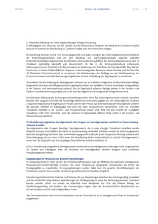 Überblick Konzernlagebericht Konzern- und Einzelabschluss Services 91
c) Bilanzielle Abbildung von Sicherungsbeziehungen (Hedge-Accounting)
In Abhängigkeit vom Volumen, von der Laufzeit und der Risikostruktur designiert der Klöckner&Co-Konzern einzelne
Derivate im Rahmen der Absicherung als Cashflow-Hedges oder Net-Investment-Hedges.
Die Beziehung zwischen Grund- und Sicherungsgeschäft wird dabei zu Beginn der Sicherungsbeziehung einschließlich
der Risikomanagementziele und der dem Abschluss von Sicherungsbeziehungen zugrunde liegenden
Unternehmensstrategie dokumentiert. Des Weiteren wird sowohl bei Aufnahme der Sicherungsbeziehung als auch im
Zeitablauf regelmäßig überprüft und dokumentiert, ob das in die Sicherungsbeziehung einbezogene
Sicherungsinstrument hinsichtlich der Kompensation der Änderungen der Cashflows des Grundgeschäfts bzw. des Net
Investments in hohem Maße effektiv ist. Angaben zu den beizulegenden Zeitwerten dieser Derivate sind der Textziffer
30 (Derivative Finanzinstrumente) zu entnehmen; die Veränderungen der Rücklage aus der Marktbewertung von
Finanzinstrumenten innerhalb des sonstigen Ergebnisses sind der Entwicklung des Eigenkapitals zu entnehmen.
Der effektive Teil der Änderung des beizulegenden Zeitwerts von als Cashflow-Hedges bzw. als Net-Investment-Hedges
designierten Derivaten wird erfolgsneutral im Eigenkapital erfasst; der ineffektive Teil wird unmittelbar erfolgswirksam
in der Gewinn- und Verlustrechnung verbucht. Die im Eigenkapital erfassten Beträge werden in der Periode in die
Gewinn- und Verlustrechnung umgebucht, in der auch das abgesicherte Grundgeschäft erfolgswirksam wird.
Die bilanzielle Abbildung des Sicherungszusammenhangs endet, wenn das Sicherungsinstrument ausläuft, veräußert,
beendet oder ausgeübt wird oder die notwendige Effektivität nicht mehr gegeben ist. Der vollständige bis zu diesem
Zeitpunkt erfolgsneutral im Eigenkapital erfasste Gewinn oder Verlust aus der Bewertung zum beizulegenden Zeitwert
des Derivats verbleibt im Eigenkapital und wird erst dann erfolgswirksam vereinnahmt, wenn die erwartete
Transaktion ebenfalls in der Gewinn- und Verlustrechnung erfasst wird. Wird mit dem Eintritt der erwarteten
Transaktion nicht mehr gerechnet, wird der gesamte im Eigenkapital erfasste Erfolg sofort in die Gewinn- und
Verlustrechnung überführt.
Zur Veräußerung vorgesehene Vermögenswerte oder Gruppen von Vermögenswerten und damit im Zusammenhang
stehende Schulden
Vermögenswerte oder Gruppen derartiger Vermögenswerte, die in einer einzigen Transaktion veräußert werden
(Disposal Groups), einschließlich der damit im Zusammenhang stehenden Schulden, werden als solche ausgewiesen,
wenn der dazugehörige Buchwert über ein Veräußerungsgeschäft und nicht durch fortgesetzte Nutzung realisiert wird.
Diese Bedingung wird nur dann erfüllt, wenn die Veräußerung höchst wahrscheinlich ist und der Vermögenswert in
seiner bzw. die Disposal Group in ihrer jetzigen Beschaffenheit sofort veräußerbar ist.
Auf zur Veräußerung vorgesehene Vermögenswerte werden keine planmäßigen Abschreibungen mehr vorgenommen.
Sie werden zum niedrigeren Wert aus Buchwert und beizulegendem Zeitwert abzüglich noch anfallender
Veräußerungskosten erfasst.
Rückstellungen für Pensionen und ähnliche Verpflichtungen
Für leistungsorientierte Pläne werden die Pensionsverpflichtungen nach der Methode der laufenden Einmalprämien
(Projected-Unit-Credit-Methode) ermittelt. Die unter Einbeziehung dynamischer Komponenten bei Eintritt des
Versorgungsfalls zu erwartenden Versorgungsleistungen werden dabei über die gesamte Beschäftigungszeit des
Mitarbeiters verteilt. Hierzu werden versicherungsmathematische Gutachten eingeholt.
Versicherungsmathematische Gewinne und Verluste, die aus Abweichungen zwischen den rechnungsmäßig erwarteten
und den tatsächlich eingetretenen Veränderungen der Planbegünstigten sowie der Rechnungsparameter resultieren
können, werden, sofern und soweit sie außerhalb einer Bandbreite von 10% des höheren Betrags aus
Verpflichtungsumfang und Zeitwert des Planvermögens liegen, über die durchschnittliche Restdienstzeit der
aktiven Anwärter verteilt und erfolgswirksam erfasst.
Der Dienstzeitaufwand wird im Personalaufwand und der Zinsanteil für nicht fondsgestützte Pläne im Zinsaufwand
ausgewiesen.
 
