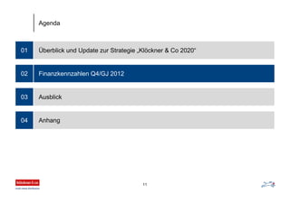 Überblick und Update zur Strategie „Klöckner & Co 2020“01
Finanzkennzahlen Q4/GJ 2012
Ausblick
Anhang
02
03
04
Agenda
11
 