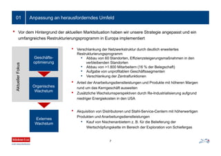 Anpassung an herausforderndes Umfeld01
• Vor dem Hintergrund der aktuellen Marktsituation haben wir unsere Strategie angepasst und ein
umfangreiches Restrukturierungsprogramm in Europa implementiert
Geschäfts-
optimierung
Organisches
Wachstum
AktuellerFokus
Externes
Wachstum
• Verschlankung der Netzwerkstruktur durch deutlich erweitertes
Restrukturierungsprogramm
• Abbau von 60 Standorten, Effizienzsteigerungsmaßnahmen in den
verbleibenden Standorten
• Abbau von >1.800 Mitarbeitern (16 % der Belegschaft)
• Aufgabe von unprofitablen Geschäftssegmenten
• Verschlankung der Zentralfunktionen
• Anteil der Anarbeitungsdienstleistungen und Produkte mit höheren Margen
rund um das Kerngeschäft ausweiten
• Zusätzliche Wachstumsperspektiven durch Re-Industrialisierung aufgrund
niedriger Energiekosten in den USA
• Akquisition von Distributoren und Stahl-Service-Centern mit höherwertigen
Produkten und Anarbeitungsdienstleistungen
• Kauf von Nischenanbietern z. B. für die Belieferung der
Wertschöpfungskette im Bereich der Exploration von Schiefergas
7
 