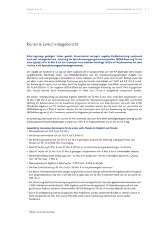 Klöckner & Co SE Konzern-Zwischenlagebericht HJ 1 2013 3
Konzern-Zwischenlagebericht
Rohertragsmarge gesteigert, Kosten gesenkt, Konzernverlust verringert; negative Marktentwicklung zunehmend
durch weit vorangeschrittene Umsetzung des Restrukturierungsprogramms kompensiert; EBITDA-Erwartung für das
dritte Quartal 30 bis 40 Mio. €. Für das Gesamtjahr trotz sinkender Nachfrage EBITDA auf Vorjahresniveau von etwa
140 Mio. € vor Restrukturierungsaufwendungen erwartet.
Der Absatz von Klöckner & Co lag vor allem aufgrund der in Europa erneut um 10,9 %* gegenüber dem Vorjahr
eingebrochenen Nachfrage (Stahl- und Metalldistribution) und der restrukturierungsbedingten Aufgabe von
Standorten und niedrigmargigen Geschäften im ersten Halbjahr um 10,3 % unter dem Vorjahr. Bedingt durch das
vor allem in den USA weiter rückläufige Preisniveau ging der Umsatz noch stärker um 15,0 % auf 3,3 Mrd. € zurück.
Der Rohertrag verringerte sich vor allem durch die Aufgabe von niedrigmargigen Geschäften unterproportional um
11,1 % auf 608 Mio. €. Der negative EBITDA-Effekt aus dem rückläufigen Rohertrag von rund 75 Mio. € gegenüber
dem Vorjahr konnte durch Kostenentlastungen in Höhe von 70 Mio. € weitgehend kompensiert werden.
Vor diesem Hintergrund lag das operative Ergebnis (EBITDA) mit 72 Mio. € zwar noch unter dem Vorjahreswert von
77 Mio. € (97 Mio. € vor Restrukturierung). Das umfangreiche Restrukturierungsprogramm zeigt aber zunehmend
Wirkung. Im Rahmen dieses im Mai erweiterten Programms, bei dem bis zum Ende des Jahres nunmehr über 2.000
Mitarbeiter abgebaut und 70 Standorte geschlossen oder veräußert werden, konnte bereits bis zur Jahresmitte ein
EBITDA-Beitrag von 29 Mio. € realisiert werden. Für das Gesamtjahr wird nach der Erweiterung des Programms ein
EBITDA-Beitrag von 65 Mio. € erwartet, während im folgenden Jahr weitere 45 Mio. € wirksam werden.
Im zweiten Quartal wurde ein EBITDA von 43 Mio. € erreicht, das auch ohne einen einmaligen Ergebnisbeitrag aus der
Auflösung von Pensionsrückstellungen in Höhe von 7 Mio. € im Prognoserahmen von 35 bis 45 Mio. € lag.
Wesentliche Kennzahlen des Konzerns für die ersten sechs Monate im Vergleich zum Vorjahr:
• Der Absatz sank um 10,3 % auf 3,3 Mio. t.
• Der Umsatz verminderte sich um 15,0 % auf 3,3 Mrd. €.
• Die Rohertragsmarge wurde von 17,5 % auf 18,3 % gesteigert, wodurch der Rohertrag unterproportional zum
Umsatz um 11,1 % auf 608 Mio. € zurückging.
• Das EBITDA betrug 72 Mio. € nach 77 Mio. € (97 Mio. €, vor Restrukturierungsaufwendungen ) im Vorjahr.
• Das EBIT wurde um 25 Mio. € auf 19 Mio. € gesteigert. Vorjahreswert von –6 Mio. € durch Sondereffekte belastet.
• Der Konzernverlust wurde analog dazu von – 51 Mio. € im Vorjahr auf –20 Mio. € verringert, davon im 2. Quartal
von –39 Mio. € auf –4 Mio. €.
• Das unverwässerte Ergebnis je Aktie lag bei –0,19 € nach –0,50 € im Vorjahr.
• Der Free Cashflow betrug –61 Mio. € nach –93 Mio. € im Vorjahresvergleichszeitraum.
• Die Netto-Finanzverbindlichkeiten stiegen aufgrund des saisonal bedingt höheren Forderungsbestands im Vergleich
zum Vorjahresende von 422 Mio. € auf 489 Mio. €, lagen aber um 93 Mio. € unter dem Wert zum 30. Juni 2012 von
582 Mio. €.
• Die Umsetzung des Restrukturierungsprogramms ist weit vorangeschritten: Von dem geplanten Personalabbau von
2.000 Mitarbeitern wurden bereits 1.800 abgebaut und 60 von den geplanten 70 Niederlassungen verkauft oder
geschlossen. Dadurch wurde ein inkrementeller EBITDA-Beitrag von 29 Mio. € im ersten Halbjahr 2013 erzielt.
• Durch die Verlängerung unseres europäischen ABS-Programms und des syndizierten Kredits im zweiten Quartal in
Höhe von jeweils 360 Mio. € bis jeweils Mai 2016 steht unsere Finanzierung weiterhin auf einem soliden
Fundament.
*) Daten bis Mai berücksichtigt.
 