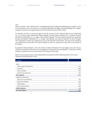Overview

Group Management Report

Financial Statements

Services

2012
Effective February 1, 2013, Klöckner Stahl- und Metallhandel GmbH, Duisburg sold Edelstahlservice Frankfurt in form
of an asset deal as well as the interest in its subsidiary Edelstahlservice Mágocs Nemesacélfeldolgozó Kft., Mágocs,
Hungary. The sales price was approximately set to the transferred net assets of €3.4 million.
On November 30, 2012, a contract was signed for the sale of interest in the companies Klöckner Stal i Metal Polska
Sp. z o.o., Poznań, Poland, UAB Klöckner Baltija, Klaipeda, Lithuania, Klöckner Romania S.R.L., Bucharest, Romania,
and Klöckner Stahlhandel CZ, s.r.o., Prague, Czech Republic ("Signing"). The sale of Klöckner Romania S.R.L. Bucharest,
Romania, and Klöckner Stahlhandel CZ, s.r.o., Prague, Czech Republic, was closed on December 20, 2012 ("Closing").
The consideration for these two companies less cost to sell amounted to €4.8 million. The result of this transaction
was a disposal loss of €3.5 million net financial liabilities as well as an impairment of fixed assets in the amount of
€1.0 million.
By agreement dated December 4, 2012, the interests in Klöckner Metalsnab AD, Sofia, Bulgaria, were sold. The purchase price amounted to €6.8 million and corresponded to the disposed assets and liabilities. In connection with this
transaction impairments on non-current assets of €3.5 million were recorded.
Based on the carrying amounts as of the disposal date the transactions had the following impact on the Group's
statement of financial position in 2012:
(€ million)
Assets
Property, plant and equipment
Inventories

– 5.3
– 10.5

Trade receivables

– 8.5

Cash and cash equivalents

– 0.2

Assets disposed

– 24.5

Liabilities and provisions
Other non–current liabilities

– 0.3

Deferred tax liabilities

– 0.6

Trade payables

– 4.3

Other current liabilities

– 0.8

Liabilities disposed

– 6.0

Net assets disposed

– 18.5

97

 