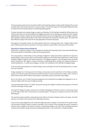 142

Consolidated Financial Statements

Notes to the consolidated financial statements

The Group assesses equity and income statement effects with sensitivity analyses in which parallel shifting of the euro and
US dollar yield curves are assumed within a scenario analysis. The cash flow impact from the parallel shifting only refers
to interest income and interest expense in the following reporting period.
If interest rate levels for the relevant foreign currencies as of December 31, 2013 had been exceeded by 100 basis points, the
financial result driven from financial liabilities and hedging instruments for the following year would have been impacted
negatively by €3.5 million. Likewise, the value of derivative financial instruments designated as cash flow hedges would have
been positively increased by €0.8 million, if the market interest level had increased by 100 basis points. This would have
been reflected in equity in the reserve for fair value adjustments of financial instruments.
With regard to the liquidity reserves, the inside potential results from increasing interest rates. A higher market interest
level of 100 basis points and an assumed term of one year would have a positive effect in the amount of €6.0 million.
Information on foreign currency exchange risk
Klöckner & Co is exposed to foreign currency exchange risk resulting from financing activity, Group internal dividend payments and acquisitions of subsidiaries, as well as from operating activity.
The Group operates a central foreign currency exchange management. Foreign and domestic subsidiaries are required to
identify foreign currency exposure and to communicate the exposure to the central finance department, or within certain
thresholds, hedge the exposure with financial institutions. The hedging transactions, cover the exposure from actual and
forecast transactions. With regard to forecast transactions compensating effects resulting from operating measures or
market developments – so-called natural hedging – are taken into consideration when defining the hedging strategy.
At the end of the reporting period no material foreign currency exchange risks from the operating business or acquisitions were identified.
Foreign exchange risk in financing arises from foreign currency loans and net investments of the holding companies.
As part of the central Group financing, these loans denominated in pounds sterling and US dollars, with a volume of
€592.4 million (2012: €617.4 million), were granted to subsidiaries at year-end and were fully hedged.
Due to the volume, two US dollar financing arrangements (net investments) are hedged and designated as net investment hedges within the scope of hedge accounting.
Loans granted predominantly in US dollars and pounds sterling were hedged including interest payments via forward
contracts and foreign currency swaps.
The impact of changes of foreign currency rates on foreign exchange gains and losses as well as on the Group’s equity
as of the balance sheet date is monitored by a sensitivity analysis. The exposure is assessed as cash flow risk for the
following year.
The sensitivity analysis identifies compensating income effects of forward exchange contracts and swaps, since their
maturity is consistent to the maturity of the underlying transaction.
Cross-currency swaps designated as net investment hedge may result in changes in the reserves for fair values of financial instruments included in equity. Increases or decreases in the US dollar to euro exchange rate would, if assessed in
isolation, lead to changes of such reserves. However, compensating changes in the value of the underlying transaction
would also be recorded in equity, because the underlying transaction is a net investment in a foreign subsidiary.

Klöckner & Co SE

Annual Report 2013

 