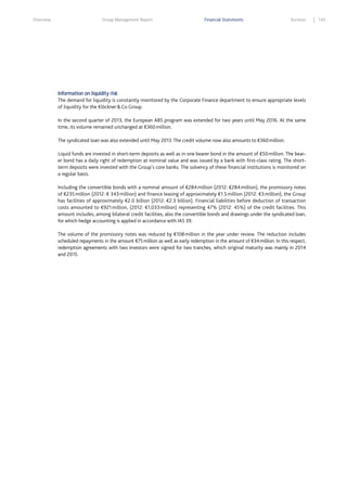 Overview

Group Management Report

Financial Statements

Services

Information on liquidity risk
The demand for liquidity is constantly monitored by the Corporate Finance department to ensure appropriate levels
of liquidity for the Klöckner & Co Group.
In the second quarter of 2013, the European ABS program was extended for two years until May 2016. At the same
time, its volume remained unchanged at €360 million.
The syndicated loan was also extended until May 2013. The credit volume now also amounts to €360 million.
Liquid funds are invested in short-term deposits as well as in one bearer bond in the amount of €50 million. The bearer bond has a daily right of redemption at nominal value and was issued by a bank with first-class rating. The shortterm deposits were invested with the Group’s core banks. The solvency of these financial institutions is monitored on
a regular basis.
Including the convertible bonds with a nominal amount of €284 million (2012: €284 million), the promissory notes
of €235 million (2012: € 343 million) and finance leasing of approximately €1.5 million (2012: €3 million), the Group
has facilities of approximately €2.0 billion (2012: €2.3 billion). Financial liabilities before deduction of transaction
costs amounted to €921 million, (2012: €1,033 million) representing 47% (2012: 45%) of the credit facilities. This
amount includes, among bilateral credit facilities, also the convertible bonds and drawings under the syndicated loan,
for which hedge accounting is applied in accordance with IAS 39.
The volume of the promissory notes was reduced by €108 million in the year under review. The reduction includes
scheduled repayments in the amount €75 million as well as early redemption in the amount of €34 million. In this respect,
redemption agreements with two investors were signed for two tranches, which original maturity was mainly in 2014
and 2015.

143

 