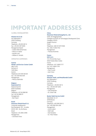 190

Services

IMPORTANT ADDRESSES
GLOBAL HEADQUARTERS	
Klöckner & Co SE
Am Silberpalais 1
47057 Duisburg
Germany
Telephone: +49 203 307-0
Fax: +49 203 307-5000
Management Board:
– Gisbert Rühl (Chairman)
– Marcus A. Ketter
– Karsten Lork
– William A. Partalis

OPERATIVE COMPANIES
Austria
Metall- und Service-Center GmbH
Nfg. Co KG
Percostr.12
1220 Wien
Austria
Telephone:+43 1259 463 60
Fax: +43 1259 463 639
Management:
– Marcus Oberhofer
Belgium
Buysmetal N.V.
Keizersstraat 50
8530 Harelbeke
Belgium
Telephone: +32 56 2680 80
Fax: +32 56 2680 01
Management:
– Bert Naert
Brazil
Kloeckner Metals Brasil S.A.
Corporate Headquarters
Rua Dianópolis, 122 - 1o andar
03125-100 - Pq. Da Mooca
Brazil
Telephone: +55 2065-3399
Management:
– Christiano Freire

Klöckner & Co SE Annual Report 2013

China
Kloeckner Metals (Changshu) Co., Ltd.
A203, 36 Xinggang Road,
Changshu Economic & Technological Development Zone
Changshu 215513
Jiangsu Province
China
Telephone: +86 512 5219 1606
Fax: +86 21 2302 5152
Management:
– Thomas Krümmer
France
KDI S.A.S.
173-179, bd Félix-Faure
93537 Aubervilliers Cedex
France
Telephone: +33 1 4839 7777
Fax: +33 1 4839 7778
Management:
– Marc Frustié
– Jean Coeur
Germany
Klöckner Stahl- und Metallhandel GmbH
Am Silberpalais 1
47057 Duisburg
Germany
Telephone: + 49 203 307-0
Fax: + 49 203 307-5245
Management:
– Sven Koepchen
– Dr. Oliver Falk
Becker Stahl-Service GmbH
Weetfelder Str. 57
59199 Bönen
Germany
Telephone: +49 2383 934-0
Fax: +49 2383 934-209
Management:
– Ulrich Lollert
– Ralf Graß
– Karl Standera
– Dr. Thilo Theilen

 