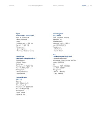 Overview

Group Management Report

Financial Statements

Spain
Comercial de Laminados S.A.
Avda. de Bruselas, 38
28108 Alcobendas
Spain
Telephone: +34 91 3697 410
Fax: +34 91 4297 010
Management:
– Jaime Espinosa
– Maria Jesús Dobarco Gomez

United Kingdom
ASD Limited
Valley Farm Road, Stourton
Leeds LS10 1SD
United Kingdom
Telephone: +44 113 254 0711
Fax: +44 113 254 1314
Management:
– Kaha Avaliani
– Nichola Skelton

Switzerland
Debrunner Koenig Holding AG
Hinterlauben 8
9004 St. Gallen
Switzerland
Telephone: +41 71 2272 990
Fax: +41 71 2272 972
Management:
– Philippe Dietziker
– Heinz Rohrer

USA
Kloeckner Metals Corporation
Corporate Headquarters
500 Colonial Center Parkway, Suite 500
Roswell, GA 30076
USA
Telephone: +1 678 259 8800
Fax: +1 678 259 8873
Management:
– William A. Partalis
– Kirk A. Johnson

The Netherlands
ODS B.V.
Donk 6
2991 LE Barendrecht
The Netherlands
Telephone: +31 180 640 911
Fax: +31 180 640 275
Management:
– Hans Sinnige
– Arjen de Jong

Services

191

 