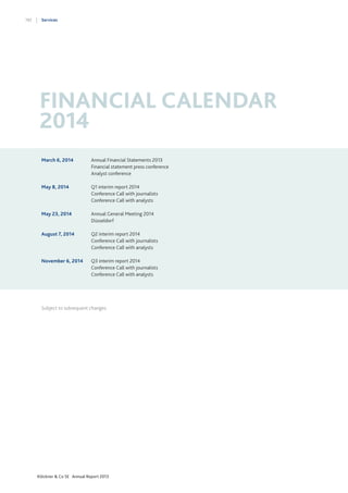 192

Services

FINANCIAL CALENDAR
2014
March 6, 2014	
	
	

Annual Financial Statements 2013
Financial statement press conference
Analyst conference

May 8, 2014	
	
	

Q1 interim report 2014
Conference Call with journalists
Conference Call with analysts

May 23, 2014	
Annual General Meeting 2014
	Düsseldorf
August 7, 2014	
	
	

Q2 interim report 2014
Conference Call with journalists
Conference Call with analysts

November 6, 2014	
	
	

Q3 interim report 2014
Conference Call with journalists
Conference Call with analysts

Subject to subsequent changes.

Klöckner & Co SE Annual Report 2013

 