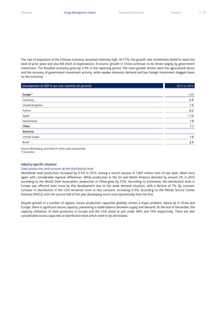 Overview

Group Management Report

Financial Statements

Services

39

The rate of expansion of the Chinese economy remained relatively high. At 7.7%, the growth rate nonetheless failed to reach the
level of prior years and also fell short of expectations. Economic growth in China continues to be driven largely by government
investment. The Brazilian economy grew by 2.3% in the reporting period. The main growth drivers were the agricultural sector
and the recovery of government investment activity, while weaker domestic demand and low foreign investment dragged down
on the economy.
Development of GDP in our core countries (in percent)

2013 vs 2012

Europe*)

– 0.4

Germany

0.4

United Kingdom

1.9

France

0.2

Spain

– 1.3

Switzerland

1.9

China

7.7

Americas
United States

1.9

Brazil

2.3

Source: Bloomberg, estimates (in some cases provisional).
*) Eurozone.

Industry-specific situation
Steel production and turnover at the distribution level
Worldwide steel production increased by 3.5% in 2013, setting a record volume of 1,607 million tons of raw steel, albeit once
again with considerable regional differences. While production in the EU and North America declined by around 2% in 2013
according to the World Steel Association, production in China grew by 7.5%. According to Eurometal, the distribution level in
Europe was affected even more by this development due to the weak demand situation, with a decline of 7%. By contrast,
turnover in distribution in the USA remained more or less constant, increasing 0.3%, according to the Metals Service Center
Institute (MSCI), with the second half of the year developing much more dynamically than the first.
Despite growth in a number of regions, excess production capacities globally remain a major problem. Above all in China and
Europe, there is significant excess capacity, preventing a stable balance between supply and demand. At the end of December, the
capacity utilization of steel producers in Europe and the USA stood at just under 69% and 74% respectively. There are also
considerable excess capacities at distribution level which need to be eliminated.

 