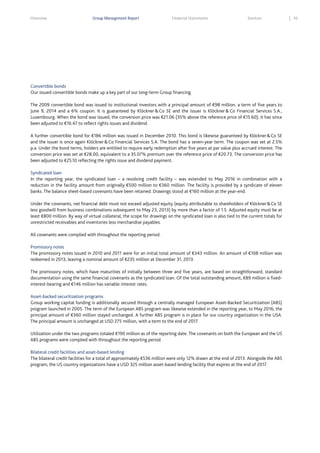 Overview

Group Management Report

Financial Statements

Services

Convertible bonds
Our issued convertible bonds make up a key part of our long-term Group financing.
The 2009 convertible bond was issued to institutional investors with a principal amount of €98 million, a term of five years to
June 9, 2014 and a 6% coupon. It is guaranteed by Klöckner & Co SE and the issuer is Klöckner & Co Financial Services S.A.,
Luxembourg. When the bond was issued, the conversion price was €21.06 (35% above the reference price of €15.60); it has since
been adjusted to €16.47 to reflect rights issues and dividend.
A further convertible bond for €186 million was issued in December 2010. This bond is likewise guaranteed by Klöckner & Co SE
and the issuer is once again Klöckner & Co Financial Services S.A. The bond has a seven-year term. The coupon was set at 2.5%
p.a. Under the bond terms, holders are entitled to require early redemption after five years at par value plus accrued interest. The
conversion price was set at €28.00, equivalent to a 35.07% premium over the reference price of €20.73. The conversion price has
been adjusted to €25.10 reflecting the rights issue and dividend payment.
Syndicated loan
In the reporting year, the syndicated loan – a revolving credit facility – was extended to May 2016 in combination with a
reduction in the facility amount from originally €500 million to €360 million. The facility is provided by a syndicate of eleven
banks. The balance sheet-based covenants have been retained. Drawings stood at €160 million at the year-end.
Under the covenants, net financial debt must not exceed adjusted equity (equity attributable to shareholders of Klöckner & Co SE
less goodwill from business combinations subsequent to May 23, 2013) by more than a factor of 1.5. Adjusted equity must be at
least €800 million. By way of virtual collateral, the scope for drawings on the syndicated loan is also tied to the current totals for
unrestricted receivables and inventories less merchandise payables.
All covenants were complied with throughout the reporting period.
Promissory notes
The promissory notes issued in 2010 and 2011 were for an initial total amount of €343 million. An amount of €108 million was
redeemed in 2013, leaving a nominal amount of €235 million at December 31, 2013.
The promissory notes, which have maturities of initially between three and five years, are based on straightforward, standard
documentation using the same financial covenants as the syndicated loan. Of the total outstanding amount, €89 million is fixedinterest-bearing and €146 million has variable interest rates.
Asset-backed securitization programs
Group working capital funding is additionally secured through a centrally managed European Asset-Backed Securitization (ABS)
program launched in 2005. The term of the European ABS program was likewise extended in the reporting year, to May 2016; the
principal amount of €360 million stayed unchanged. A further ABS program is in place for our country organization in the USA.
The principal amount is unchanged at USD 275 million, with a term to the end of 2017.
Utilization under the two programs totaled €190 million as of the reporting date. The covenants on both the European and the US
ABS programs were complied with throughout the reporting period.
Bilateral credit facilities and asset-based lending
The bilateral credit facilities for a total of approximately €536 million were only 12% drawn at the end of 2013. Alongside the ABS
program, the US country organizations have a USD 325 million asset-based lending facility that expires at the end of 2017.

45

 