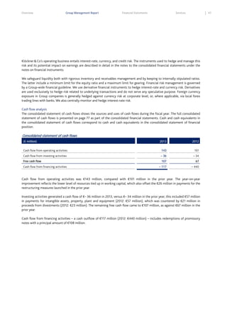 Overview

Group Management Report

Financial Statements

Services

47

Klöckner & Co’s operating business entails interest-rate, currency, and credit risk. The instruments used to hedge and manage this
risk and its potential impact on earnings are described in detail in the notes to the consolidated financial statements under the
notes on financial instruments.
We safeguard liquidity both with rigorous inventory and receivables management and by keeping to internally stipulated ratios.
The latter include a minimum limit for the equity ratio and a maximum limit for gearing. Financial risk management is governed
by a Group-wide financial guideline. We use derivative financial instruments to hedge interest-rate and currency risk. Derivatives
are used exclusively to hedge risk related to underlying transactions and do not serve any speculative purpose. Foreign currency
exposure in Group companies is generally hedged against currency risk at corporate level, or, where applicable, via local forex
trading lines with banks. We also centrally monitor and hedge interest-rate risk.
Cash flow analysis
The consolidated statement of cash flows shows the sources and uses of cash flows during the fiscal year. The full consolidated
statement of cash flows is presented on page 77 as part of the consolidated financial statements. Cash and cash equivalents in
the consolidated statement of cash flows correspond to cash and cash equivalents in the consolidated statement of financial
position.

Consolidated statement of cash flows
(€ million)

2013

2012

Cash flow from operating activities

143

101

Cash flow from investing activities

– 36

– 34

Free cash flow
Cash flow from financing activities

107

67

– 117

– 440

Cash flow from operating activities was €143 million, compared with €101 million in the prior year. The year-on-year
improvement reflects the lower level of resources tied up in working capital, which also offset the €26 million in payments for the
restructuring measures launched in the prior year.
Investing activities generated a cash flow of €– 36 million in 2013, versus €– 34 million in the prior year; this included €57 million
in payments for intangible assets, property, plant and equipment (2012: €57 million), which was countered by €21 million in
proceeds from divestments (2012: €23 million). The remaining free cash flow came to €107 million, as against €67 million in the
prior year.
Cash flow from financing activities – a cash outflow of €117 million (2012: €440 million) – includes redemptions of promissory
notes with a principal amount of €108 million.

 