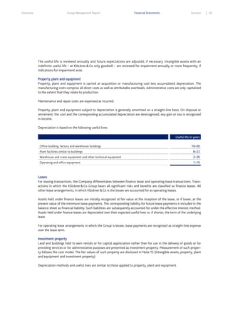 Overview

Group Management Report

Financial Statements

Services

The useful life is reviewed annually and future expectations are adjusted, if necessary. Intangible assets with an
indefinite useful life – at Klöckner & Co only goodwill – are reviewed for impairment annually or more frequently, if
indications for impairment arise.
Property, plant and equipment
Property, plant and equipment is carried at acquisition or manufacturing cost less accumulated depreciation. The
manufacturing costs comprise all direct costs as well as attributable overheads. Administrative costs are only capitalized
to the extent that they relate to production.
Maintenance and repair costs are expensed as incurred.
Property, plant and equipment subject to depreciation is generally amortized on a straight-line basis. On disposal or
retirement, the cost and the corresponding accumulated depreciation are derecognized, any gain or loss is recognized
in income.
Depreciation is based on the following useful lives:
Useful life in years
Office building, factory and warehouse buildings

10–50

Plant facilities similar to buildings

8–33

Warehouse and crane equipment and other technical equipment

2–20

Operating and office equipment

1–15

Leases
For leasing transactions, the Company differentiates between finance lease and operating lease transactions. Transactions in which the Klöckner & Co Group bears all significant risks and benefits are classified as finance leases. All
other lease arrangements, in which Klöckner & Co is the lessee are accounted for as operating leases.
Assets held under finance leases are initially recognized at fair value at the inception of the lease, or if lower, at the
present value of the minimum lease payments. The corresponding liability for future lease payments is included in the
balance sheet as financial liability. Such liabilities are subsequently accounted for under the effective interest method.
Assets held under finance leases are depreciated over their expected useful lives or, if shorter, the term of the underlying
lease.
For operating lease arrangements in which the Group is lessee, lease payments are recognized as straight-line expense
over the lease term.
Investment property
Land and buildings held to earn rentals or for capital appreciation rather than for use in the delivery of goods or for
providing services or for administrative purposes are presented as investment property. Measurement of such property follows the cost model. The fair values of such property are disclosed in Note 15 (Intangible assets, property, plant
and equipment and investment property).
Depreciation methods and useful lives are similar to those applied to property, plant and equipment.

85

 