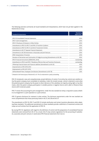 94

Consolidated Financial Statements

Notes to the consolidated financial statements

The following overview summarizes all issued standards and interpretations, which have not yet been applied in the
Klöckner & Co Group:

Standard/interpretation

Mandatory
application*)

IFRS 10 Consolidated Financial Statements

2014

IFRS 11 Joint Arrangements

2014

IFRS 12 Disclosure of Interests in Other Entities

2014

Amendments to IFRS 10, IFRS 11 and IFRS 12 Transition Guidance

2014

Amendments to IFRS 10, IFRS 12 and IAS 27 Investment Entities

2014

Amendments to IAS 27 Separate Financial Statements

2014

Amendments to IAS 28 Investments in Associates and Joint Ventures

2014

IFRIC Interpretation 21 (Levies)

2014

Novation of Derivatives and Continuation of Hedge Accounting (Amendments to IAS 39)

2014

IFRS 9 Financial Instruments (2009/2010, 2013)

outstanding

Amendments to IFRS 9 and IFRS 7 Mandatory Effective Date and Transition Disclosures

outstanding

Offsetting Financial Assets and Financial Liabilities (Amendments to IAS 32)

2014

Improvements to IFRS 2010-2012

2015

Improvements to IFRS 2011-2013

2015

Defined Benefit Plans: Employee Contributions (Amendments to IAS 19)

2015

*) Related to the financial year of Klöckner & Co SE. The EU endorsement is partly outstanding.

IFRS 10 introduced a new and comprehensively revised definition of control. If an entity has control over another entity the parent company must consolidate its subsidiary. Under the revised concept, control is deemed to exist when
the potential parent company has the power to direct decisions of the subsidiary via majority voting rights or by other
means, when the parent company participates in variable positive or negative returns and is able to influence these
returns with its decision power.
IFRS 11 revises the accounting for joint arrangements. Under the new standard an entity is required to assess whether an arrangement is a joint operation or a joint venture.
IFRS 12 governs disclosure for interests in other entities. The disclosure requirements under the new standard are
more comprehensive than those previously listed in IAS 27, IAS 28 and IAS 31.
The amendments to IFRS 10, IFRS 11 and IFRS 12 include clarification and certain transition alleviations when adopting these standards. The additional amendments to these standards provide a definition of investment entities and
scope out such entities from the application of IFRS 10.
By issuing IFRS 10, regulations with regard to the definition of control and the preparation of consolidated financial
statements were removed from IAS 27. As a result, IAS 27 only contains regulations for the accounting of subsidiaries, associates and joint ventures in stand-alone IFRS financial statements from now on.

Klöckner & Co SE

Annual Report 2013

 