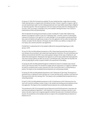 128 KLÖCK NER  CO S E A NNUA L REPORT 201 6
On January 13, 2016, IFRS 16 (Leases) was published. The new standard provides a single lessee accounting
model requiring lessees to recognize assets and liabilities for leases. A lessee is required to recognize a right-of-
use asset representing its right to use the underlying leased asset and a lease liability representing its obligation
to make lease payments. There are exceptions for short-term leases and leases where the underlying asset has
low value. Lessor accounting is comparable to the current standard, meaning that lessors must continue to
classify leases as finance and operating leases.
IFRS 16 supersedes the existing pronouncements on leases, including IAS 17 Leases, IFRIC 4 Determining
Whether an Arrangement Contains a Lease, SIC-15 Operating Leases – Incentives, and SIC-27 Evaluating the
Substance of Transactions in the Legal Form of a Lease. Although it is not yet possible to provide quantitative
data, assets and liabilities will significantly increase on first-time application and thus reduce the equity ratio.
However, we expect that the reduction in the equity ratio will not lead to any inability to comply with mini-
mum equity ratio covenants attached to loan agreements.
Provided that it is endorsed by the EU, the standard is effective for annual periods beginning on or after
January 1, 2019.
On June 20, 2016, the IASB published amendments to IFRS 2 (Share-based payments) that clarify specific is-
sues relating to the accounting for cash-settled share-based payment transactions. The main amendments and
additions surround the fact that IFRS 2 now contains guidance relating to the fair value of liabilities for cash-
settled share-based payments. Following the same approach as used for equity-settled share-based payments,
only certain vesting conditions are taken into account in estimating fair value, while others are only taken into
account by adjusting the number of awards included in the measurement of the liability.
On January 19, 2016, the IASB published Recognition of Deferred Tax Assets for Unrealised Losses: Amend-
ments to IAS 12 (Income Taxes). The amendments notably clarify the requirements on recognition of deferred
tax assets for unrealized losses on assets measured at fair value, around which there is currently diversity in
practice. The impacts on the consolidated financial statements are currently being reviewed.
On January 29, 2016, the IASB published amendments to IAS 7 (Statement of Cash Flows). The disclosure re-
quirements focus on liabilities for which cash flows are, or future cash flows will be, classified in cash flows from
financing activities within the meaning of IAS 7. The impacts on the consolidated financial statements are cur-
rently being reviewed.
On April 12, 2016, the IASB published amendments to IFRS 15 (Clarifications to IFRS 15 Revenues from Con-
tracts with Customers) clarifying a number of topics in the standard and providing practical expedients on first-
time application. The impacts on the consolidated financial statements are currently being reviewed.
The amendments to IFRS 10 (Consolidated Financial Statements) and IAS 28 (Investments in Associates and
Joint Ventures) published on September 11, 2014 clarify that, in a transaction involving an associate or joint
venture, the extent of gain or loss recognition depends on whether the assets sold or contributed constitute a
business. The amendments to the standards will have no impact on the consolidated financial statements of
Klöckner  Co SE.
 