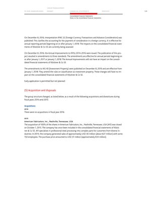 TO OUR SH AR EHO LDERS
G ROUP M A NAGEM EN T
RE PORT F INANCIAL S TATEME NTS SE RVICES 129
Consolidated Financial Statements
Notes to the consolidated financial statements
On December 8, 2016, interpretation IFRIC 22 (Foreign Currency Transactions and Advance Consideration) was
published. This clarifies the accounting for the payment of consideration in a foreign currency. It is effective for
annual reporting periods beginning on or after January 1, 2018. The impacts on the consolidated financial state-
ments of Klöckner  Co SE are currently being assessed.
On December 8, 2016, the Annual Improvements to IFRSs 2014–2016 were issued. The publication of this pro-
ject resulted in amendments to three standards. The amendments are effective for annual periods beginning on
or after January 1, 2017 or January 1, 2018. The Annual Improvements will not have an impact on the consoli-
dated financial statements of Klöckner  Co SE.
The amendments to IAS 40 (Investment Property) were published on December 8, 2016 and are effective from
January 1, 2018. They amend the rules on classification as investment property. These changes will have no im-
pact on the consolidated financial statements of Klöckner  Co SE.
Early application is permitted but not planned.
(5) Acquisition and disposals
The group structure changed, as listed below, as a result of the following acquisitions and divestitures during
fiscal years 2016 amd 2015.
Acquisitions
2016
There were no acquisitions in fiscal year 2016.
2015
American Fabricators, Inc., Nashville, Tennessee, USA
The acquisition of 100% of the shares in American Fabricators, Inc., Nashville, Tennessee, USA (AFI) was closed
on October 1, 2015. The company has since been included in the consolidated financial statements of Klöck-
ner  Co SE. AFI specializes in professional steel processing into complex parts for customers from diverse in-
dustries. In 2014, the company generated sales of approximately USD 30 million (about €27 million) with some
150 employees. The purchase price amounted to USD 37 million (approximately €33 million).
 