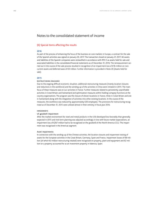 132 KLÖCK NER  CO S E A NNUA L REPORT 201 6
Notes to the consolidated statement of income
(6) Special items affecting the results
2016
As part of the process of enhancing the focus of the business on core markets in Europe, a contract for the sale
of the Spanish activities was signed on January 20, 2017. The transaction closed on January 27, 2017. All assets
and liabilities of the Spanish companies were reclassified in accordance with IFRS 5 as assets held for sale and
associated liabilities in the consolidated financial statements as of December 31, 2016. The remeasurement car-
ried out in the course of the sale process resulted in recognition of an impairment loss of €16 million on non-
current assets and deferred taxes of €3 million. Further information is provided in Note 20 (Assets held for
sale).
2015
RESTRUCTURING MEASURES
Due to the ongoing difficult economic situation, additional restructuring measures (mainly location closures
and reductions in the workforce) and the winding-up of the activities in China were initiated in 2015. The main
focus of these measures was on our activities in France. Further measures related to persistently unprofitable
activities in Great Britain and Switzerland and optimization measures within holding company functions at the
country organizations. The program saw the closure of eleven locations in France, three in Great Britain and one
in Switzerland along with the integration of activities into other existing locations. In the course of the
measures, the workforce was reduced by approximately 630 employees. The provisions for restructuring recog-
nized as of December 31, 2015 were utilized almost in their entirety in fiscal year 2016.
IMPAIRMENTS
US goodwill impairment
After the market environment for steel and metal products in the USA developed less favorably than generally
expected in 2015 and mid-term planning was adjusted accordingly in line with future market expectations, an
impairment loss of €267 million had to be recognized on the goodwill of the North America CGU. The impair-
ment was recognized in the Americas segment.
Asset impairments
In connection with the winding-up of the Chinese activities, the location closures and impairment testing of
assets for the European activities in the Great Britain, Germany, Spain and France, impairment losses of €8 mil-
lion (of which €3 million restructuring-related) were recognized on property, plant and equipment and €2 mil-
lion on a property accounted for as an investment property in Valencia, Spain.
 