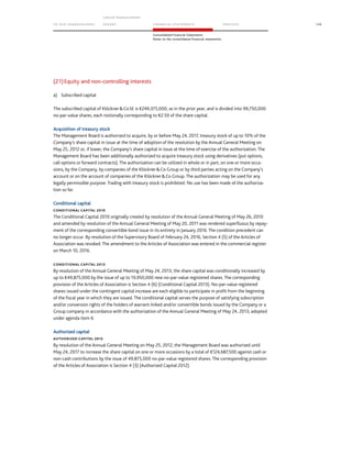 TO OUR SH AR EHO LDERS
G ROUP M A NAGEM EN T
RE PORT F INANCIAL S TATEME NTS SE RVICES 149
Consolidated Financial Statements
Notes to the consolidated financial statements
(21)Equity and non-controlling interests
a) Subscribed capital
The subscribed capital of KlöcknerCoSE is €249,375,000, as in the prior year, and is divided into 99,750,000
no-par-value shares, each notionally corresponding to €2.50 of the share capital.
Acquisition of treasury stock
The Management Board is authorized to acquire, by or before May 24, 2017, treasury stock of up to 10% of the
Company’s share capital in issue at the time of adoption of the resolution by the Annual General Meeting on
May 25, 2012 or, if lower, the Company’s share capital in issue at the time of exercise of the authorization. The
Management Board has been additionally authorized to acquire treasury stock using derivatives (put options,
call options or forward contracts). The authorization can be utilized in whole or in part, on one or more occa-
sions, by the Company, by companies of the KlöcknerCo Group or by third parties acting on the Company’s
account or on the account of companies of the KlöcknerCo Group. The authorization may be used for any
legally permissible purpose. Trading with treasury stock is prohibited. No use has been made of the authoriza-
tion so far.
Conditional capital
CONDITIONAL CAPITAL 2010
The Conditional Capital 2010 originally created by resolution of the Annual General Meeting of May 26, 2010
and amended by resolution of the Annual General Meeting of May 20, 2011 was rendered superfluous by repay-
ment of the corresponding convertible bond issue in its entirety in January 2016. The condition precedent can
no longer occur. By resolution of the Supervisory Board of February 24, 2016, Section 4 (5) of the Articles of
Association was revoked. The amendment to the Articles of Association was entered in the commercial register
on March 10, 2016.
CONDITIONAL CAPITAL 2013
By resolution of the Annual General Meeting of May 24, 2013, the share capital was conditionally increased by
up to €49,875,000 by the issue of up to 19,950,000 new no-par-value registered shares. The corresponding
provision of the Articles of Association is Section 4 (6) (Conditional Capital 2013). No-par-value registered
shares issued under the contingent capital increase are each eligible to participate in profit from the beginning
of the fiscal year in which they are issued. The conditional capital serves the purpose of satisfying subscription
and/or conversion rights of the holders of warrant-linked and/or convertible bonds issued by the Company or a
Group company in accordance with the authorization of the Annual General Meeting of May 24, 2013, adopted
under agenda item 6.
Authorized capital
AUTHORIZED CAPITAL 2012
By resolution of the Annual General Meeting on May 25, 2012, the Management Board was authorized until
May 24, 2017 to increase the share capital on one or more occasions by a total of €124,687,500 against cash or
non-cash contributions by the issue of 49,875,000 no-par-value registered shares. The corresponding provision
of the Articles of Association is Section 4 (3) (Authorized Capital 2012).
 