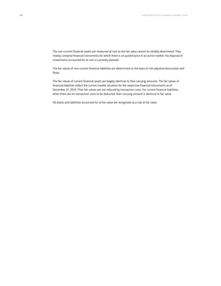 170 KLÖCK NER  CO S E A NNUA L REPORT 201 6
The non-current financial assets are measured at cost as the fair value cannot be reliably determined. They
mainly comprise financial instruments for which there is no quoted price in an active market. No disposal of
investments accounted for at cost is currently planned.
The fair values of non-current financial liabilities are determined on the basis of risk-adjusted discounted cash
flows.
The fair values of current financial assets are largely identical to their carrying amounts. The fair values of
financial liabilities reflect the current market situation for the respective financial instruments as of
December 31, 2016. Their fair values are not reduced by transaction costs. For current financial liabilities,
when there are no transaction costs to be deducted, their carrying amount is identical to fair value.
All assets and liabilities accounted for at fair value are recognized as a rule at fair value.
 