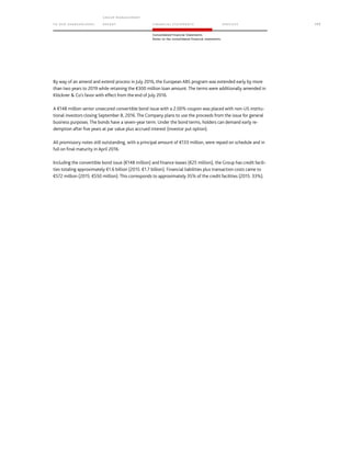 TO OUR SH AR EHO LDERS
G ROUP M A NAGEM EN T
RE PORT F INANCIAL S TATEME NTS SE RVICES 177
Consolidated Financial Statements
Notes to the consolidated financial statements
By way of an amend and extend process in July 2016, the European ABS program was extended early by more
than two years to 2019 while retaining the €300 million loan amount. The terms were additionally amended in
Klöckner  Co’s favor with effect from the end of July 2016.
A €148 million senior unsecured convertible bond issue with a 2.00% coupon was placed with non-US institu-
tional investors closing September 8, 2016. The Company plans to use the proceeds from the issue for general
business purposes. The bonds have a seven-year term. Under the bond terms, holders can demand early re-
demption after five years at par value plus accrued interest (investor put option).
All promissory notes still outstanding, with a principal amount of €133 million, were repaid on schedule and in
full on final maturity in April 2016.
Including the convertible bond issue (€148 million) and finance leases (€25 million), the Group has credit facili-
ties totaling approximately €1.6 billion (2015: €1.7 billion). Financial liabilities plus transaction costs came to
€572 million (2015: €550 million). This corresponds to approximately 35% of the credit facilities (2015: 33%).
 