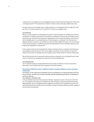 192 KLÖCK NER  CO S E A NNUA L REPORT 201 6
To determine the net realisable values, the Management Board used estimated the development of steel prices
at the beginning of 2017. This assessment was based on internal as well as externally available information.
The determination of net realisable values is highly dependent on the Management Board’s judgement. There-
fore, there is a risk that measurement of inventories is not within an acceptable range.
OUR RESPONSE
Within our audit we gained an understanding of the process of determining the net realisable values and their
consideration in inventory measurement.This included our consideration of the accuracy of estimates made in
the previous year. Furthermore we evaluated the appropriatness of the material assumptions used in deriving
the net realizable value. For a risk based selection of material types we corroborated – the information em-
ployed by Klöckner to derive the net realisable value with externally available information, such as assessments
of other market participants. In addition we assessed the appropriatness of the net realisable values by consid-
ering the price development in January 2017.
At the component level, we ascertained that the valuation methods used are in compliance with the group ac-
counting policy and the provisions of IAS 2 and are applied consistently. This also included an evaluation of
whether the estimated net realisable values were properly used as the benchmark for inventory measurement.
We satisfied ourselves that the determined inventory values are recognised in the consolidated financial state-
ments, i.e. inventories are recognised at the lower of cost and net realisable value.
OUR OBSERVATIONS
The net realisable values were properly determined and accurately considered in inventory measurement.
Write-downs to net realisable value were recognised to the extent necessary.
Measurement of deferred tax assets or liabilities arising from temporary differences and loss and interest
carryforwards
WITH RESPECT TO THE SIGNIFICANT ACCOUNTING POLICIES OF KLÖCKNER  CO SE APPLIED WE REFER TO SECTION
(4) OF THE NOTES. SECTION (13) OF THE NOTES PROVIDES FURTHER INFORMATION REGARDING THE DEFERRED TAX
ASSETS OR LIABILITIES.
THE FINANCIAL STATEMENT RISK
In the consolidated statement of financial position Klöckner recognises tax assets in the amount of €4.9 mil-
lion. The recognition and measurement of deferred tax assets are based on corporate planning and therefore
highly dependent upon the Management Board’s judgement and afflicted with considerable uncertainty. This
requires estimates of future taxable income, the timing of reversal of temporary differences and the usability of
loss and interest carryforwards.
 
