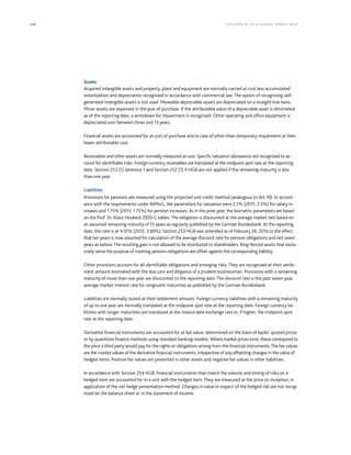 206 KLÖCK NER  CO S E A NNUA L REPORT 201 6
Assets
Acquired intangible assets and property, plant and equipment are normally carried at cost less accumulated
amortization and depreciation recognized in accordance with commercial law. The option of recognizing self-
generated intangible assets is not used. Moveable depreciable assets are depreciated on a straight-line basis.
Minor assets are expensed in the year of purchase. If the attributable value of a depreciable asset is diminished
as of the reporting date, a writedown for impairment is recognized. Other operating and office equipment is
depreciated over between three and 13 years.
Financial assets are accounted for at cost of purchase and in case of other-than-temporary impairment at their
lower attributable cost.
Receivables and other assets are normally measured at cost. Specific valuation allowances are recognized to ac-
count for identifiable risks. Foreign currency receivables are translated at the midpoint spot rate at the reporting
date. Section 253 (1) sentence 1 and Section 252 (1) 4 HGB are not applied if the remaining maturity is less
than one year.
Liabilities
Provisions for pensions are measured using the projected unit credit method (analogous to IAS 19). In accord-
ance with the requirements under BilMoG, the parameters for valuation were 2.5% (2015: 2.5%) for salary in-
creases and 1.75% (2015: 1.75%) for pension increases. As in the prior year, the biometric parameters are based
on the Prof. Dr. Klaus Heubeck 2005 G tables. The obligation is discounted at the average market rate based on
an assumed remaining maturity of 15 years as regularly published by the German Bundesbank. At the reporting
date, this rate is at 4.01% (2015: 3.89%). Section 253 HGB was amended as of February 26, 2016 to the effect
that ten years is now assumed for calculation of the average discount rate for pension obligations and not seven
years as before. The resulting gain is not allowed to be distributed to shareholders. Ring-fenced assets that exclu-
sively serve the purpose of meeting pension obligations are offset against the corresponding liability.
Other provisions account for all identifiable obligations and emerging risks. They are recognized at their settle-
ment amount estimated with the due care and diligence of a prudent businessman. Provisions with a remaining
maturity of more than one year are discounted to the reporting date. The discount rate is the past seven-year
average market interest rate for congruent maturities as published by the German Bundesbank.
Liabilities are normally stated at their settlement amount. Foreign currency liabilities with a remaining maturity
of up to one year are normally translated at the midpoint spot rate at the reporting date. Foreign currency lia-
bilities with longer maturities are translated at the invoice date exchange rate or, if higher, the midpoint spot
rate at the reporting date.
Derivative financial instruments are accounted for at fair value, determined on the basis of banks’ quoted prices
or by quantitive finance methods using standard banking models. Where market prices exist, these correspond to
the price a third party would pay for the rights or obligations arising from the financial instruments.The fair values
are the market values of the derivative financial instruments, irrespective of any offsetting changes in the value of
hedged items. Positive fair values are presented in other assets and negative fair values in other liabilities.
In accordance with Section 254 HGB, financial instruments that match the volume and timing of risks on a
hedged item are accounted for in a unit with the hedged item. They are measured at the price on inception, in
application of the net hedge presentation method. Changes in value in respect of the hedged risk are not recog-
nized on the balance sheet or in the statement of income.
 