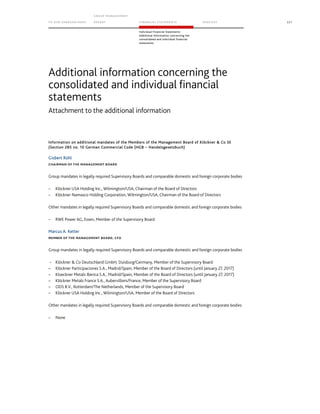 TO OUR SH AR EHO LDERS
G ROUP M A NAGEM EN T
RE PORT F INANCIAL S TATEME NTS SE RVICES 227
Individual Financial Statements
Additional information concerning the
consolidated and individual financial
statements
Attachment to the additional information
Information on additional mandates of the Members of the Management Board of Klöckner  Co SE
(Section 285 no. 10 German Commercial Code (HGB – Handelsgesetzbuch)
Gisbert Rühl
CHAIRMAN OF THE MANAGEMENT BOARD
Group mandates in legally required Supervisory Boards and comparable domestic and foreign corporate bodies
– Klöckner USA Holding Inc., Wilmington/USA, Chairman of the Board of Directors
– Klöckner Namasco Holding Corporation, Wilmington/USA, Chairman of the Board of Directors
Other mandates in legally required Supervisory Boards and comparable domestic and foreign corporate bodies
– RWE Power AG, Essen, Member of the Supervisory Board
Marcus A. Ketter
MEMBER OF THE MANAGEMENT BOARD, CFO
Group mandates in legally required Supervisory Boards and comparable domestic and foreign corporate bodies
– Klöckner  Co Deutschland GmbH, Duisburg/Germany, Member of the Supervisory Board
– Klöckner Participaciones S.A., Madrid/Spain, Member of the Board of Directors (until January 27, 2017)
– Kloeckner Metals Iberica S.A., Madrid/Spain, Member of the Board of Directors (until January 27, 2017)
– Klöckner Metals France S.A., Aubervilliers/France, Member of the Supervisory Board
– ODS B.V., Rotterdam/The Netherlands, Member of the Supervisory Board
– Klöckner USA Holding Inc., Wilmington/USA, Member of the Board of Directors
Other mandates in legally required Supervisory Boards and comparable domestic and foreign corporate bodies
– None
Additional information concerning the
consolidated and individual financial
statements
 