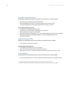 230 KLÖCK NER  CO S E A NNUA L REPORT 201 6
Dr. Friedhelm Loh (since May 13, 2016)
ENTREPRENEUR, OWNER AND CHAIRMAN OF FRIEDHELM LOH STIFTUNG  CO. KG, HAIGER, GERMANY
– Deutsche Messe AG, Member of the Supervisory Board1)
– KUKA Aktiengesellschaft, Member of the Supervisory Board1)
(until January 20, 2017)
– Fraunhofer-Gesellschaft zur Förderung der angewandten Forschung e.V., Senator2)
Group Mandates Friedhelm Loh Group:
– Cito Benelux B.V., Niederlande, Commissarissen2)
– Cito Benelux (Onroerend Goed) B.V., Niederlande, Commissarissen2)
– Rittal Corporation, USA, Chairman of the Board2)
– Rittal Electrical Equipment (Shanghai) Co. Ltd., China, Legal Representative and Chairman of the Board2)
– Rittal Electro-Mechanical Technology (Shanghai) Co. Ltd., China, Legal Representative and
Chairman of the Board2)
Hauke Stars (until May 13, 2016)
MEMBER OF THE MANAGEMENT BOARD, DEUTSCHE BÖRSE AG, FRANKFURT AM MAIN, GERMANY
– GfK SE, Member of the Supervisory Board1)
Group Mandates Deutsche Börse AG:
– Eurex Frankfurt AG, Member of the Supervisory Board1)
– Eurex Zürich AG, Switzerland, Member of the Board of Directors2)
– Clearstream Services S.A., Luxembourg, Member of the Board of Directors2)
(until March 1, 2016)
Dr. Hans-Georg Vater
FORMER MEMBER OF THE MANAGEMENT BOARD, HOCHTIEF AKTIENGESELLSCHAFT, ESSEN,GERMANY
– Athens International Airport S.A., Greece, Member of the Board of Directors2)
(until May 31, 2016)
1) Membership in legally required Supervisory Boards as defined by Section 125 German Stock Corporations Act (AktG).
2) Membership in similar corporate Supervisory Bodies in Germany and abroad as defined by Section 125 German Stock Corporations Act (AktG).
 