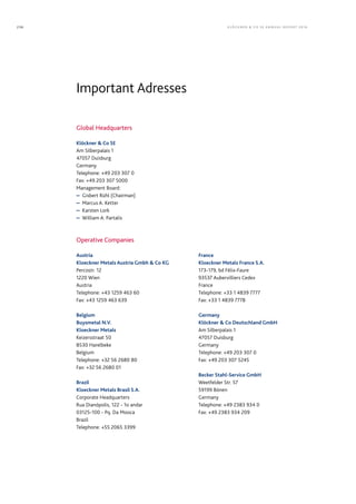 Important Adresses
Global Headquarters
Klöckner  Co SE
Am Silberpalais 1
47057 Duisburg
Germany
Telephone: +49 203 307 0
Fax: +49 203 307 5000
Management Board:
	Gisbert Rühl (Chairman)
	Marcus A. Ketter
	 Karsten Lork
	William A. Partalis
Operative Companies
Austria
Kloeckner Metals Austria Gmbh  Co KG
Percostr. 12
1220 Wien
Austria
Telephone: +43 1259 463 60
Fax: +43 1259 463 639
Belgium
Buysmetal N.V.
Kloeckner Metals
Keizersstraat 50
8530 Harelbeke
Belgium
Telephone: +32 56 2680 80
Fax: +32 56 2680 01
Brazil
Kloeckner Metals Brasil S.A.
Corporate Headquarters
Rua Dianópolis, 122 - 1o andar
03125-100 - Pq. Da Mooca
Brazil
Telephone: +55 2065 3399
France
Kloeckner Metals France S.A.
173-179, bd Félix-Faure
93537 Aubervilliers Cedex
France
Telephone: +33 1 4839 7777
Fax: +33 1 4839 7778
Germany
Klöckner  Co Deutschland GmbH
Am Silberpalais 1
47057 Duisburg
Germany
Telephone: +49 203 307 0
Fax: +49 203 307 5245
Becker Stahl-Service GmbH
Weetfelder Str. 57
59199 Bönen
Germany
Telephone: +49 2383 934 0
Fax: +49 2383 934 209
KLÖC KNER  C O SE ANNUAL REPORT 2016236
 